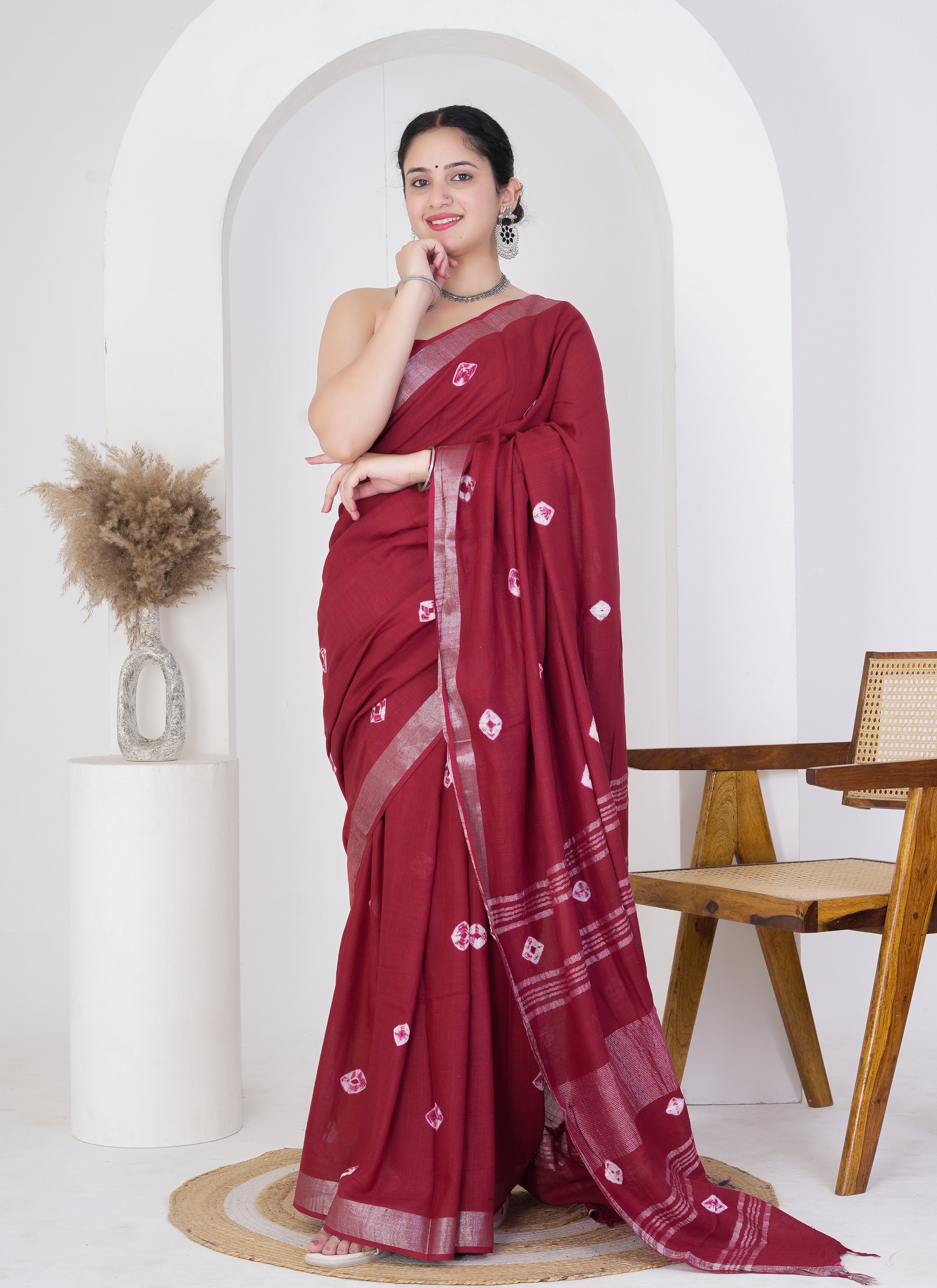 Maroon Pure Linen Saree