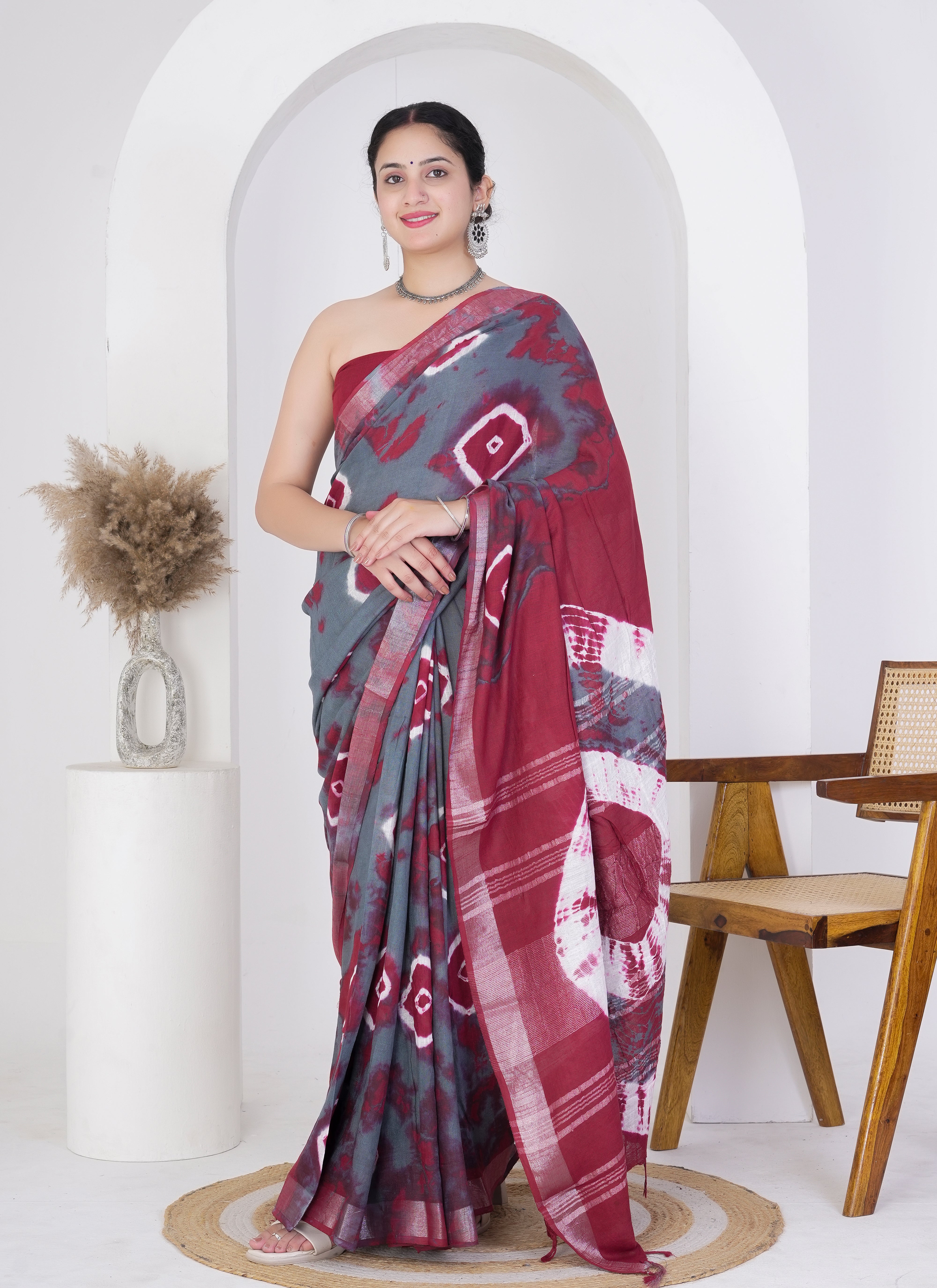 Grey and Maroon Pure Linen Saree