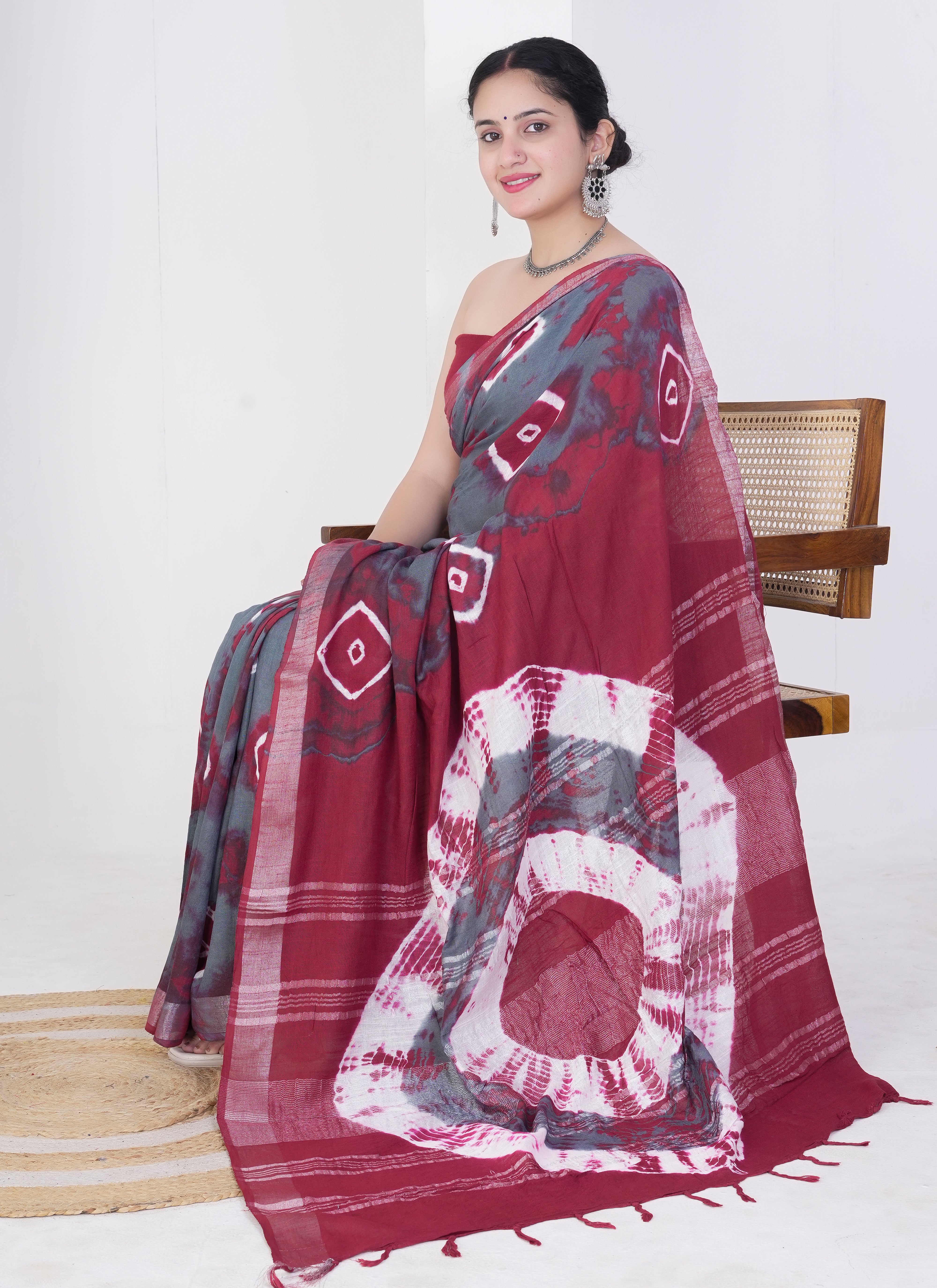 Grey and Maroon Pure Linen Saree