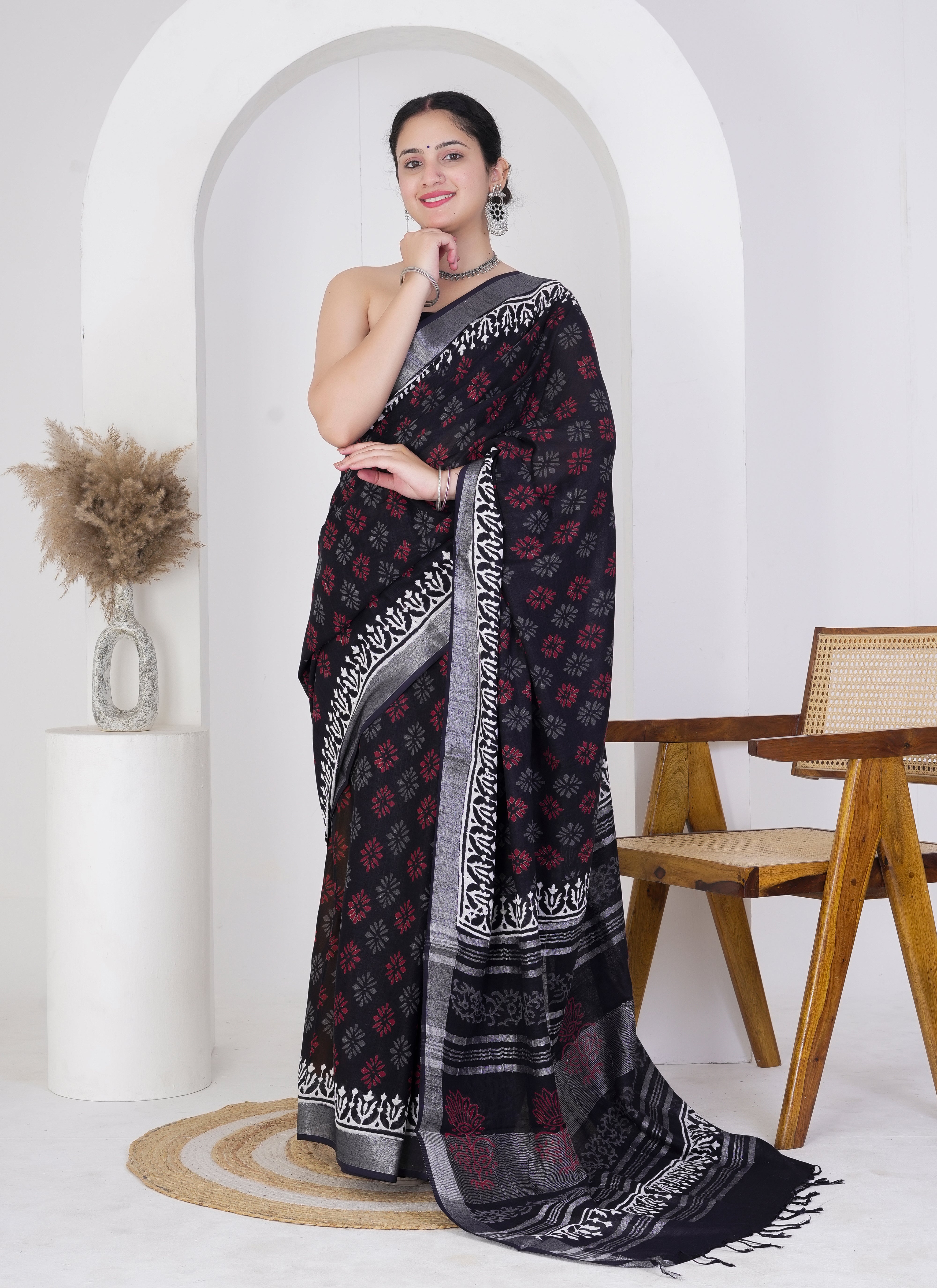 Black Pure Linen Saree with Red and Grey Floral Block Print