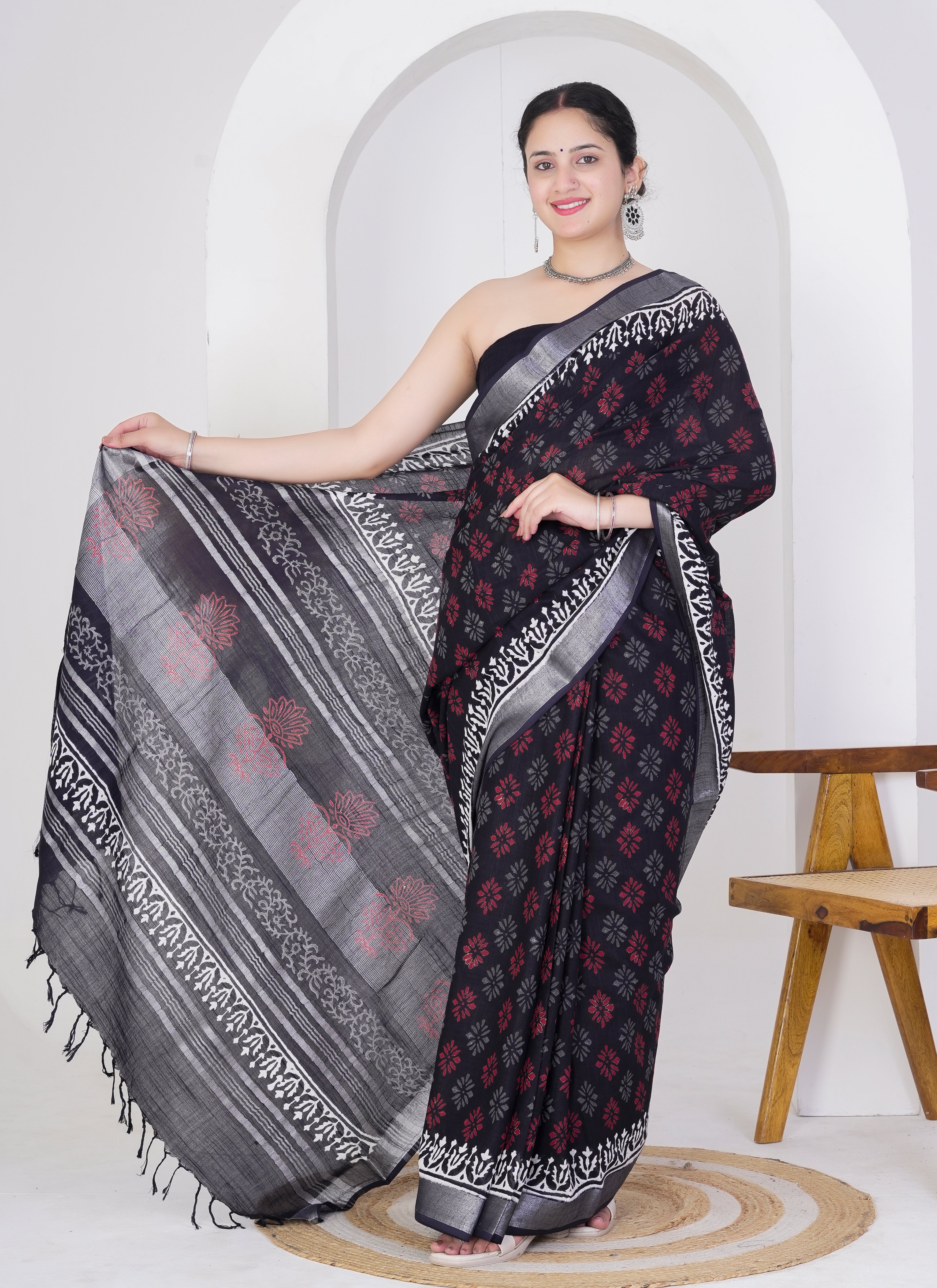 Black Pure Linen Saree with Red and Grey Floral Block Print