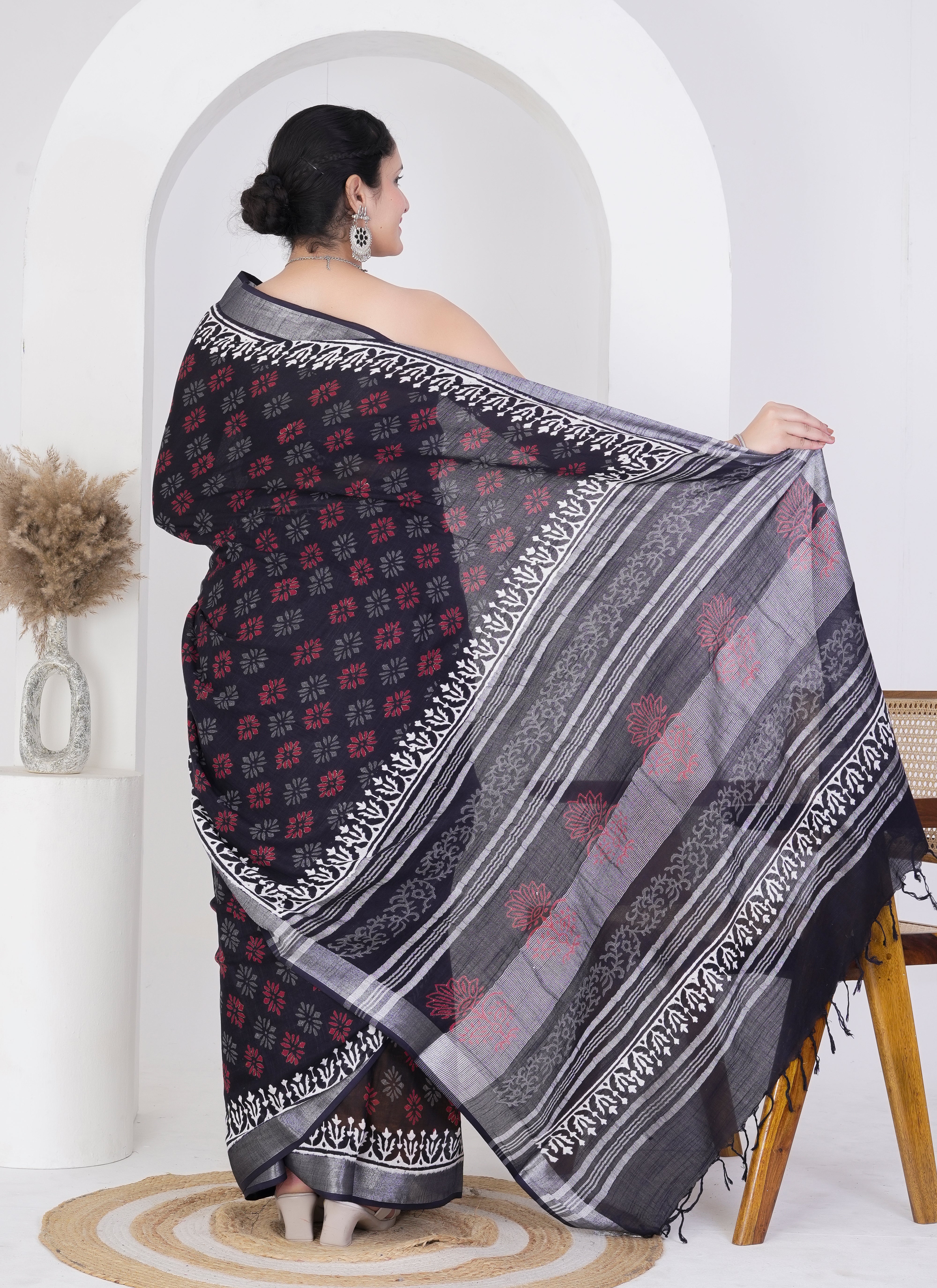 Black Pure Linen Saree with Red and Grey Floral Block Print