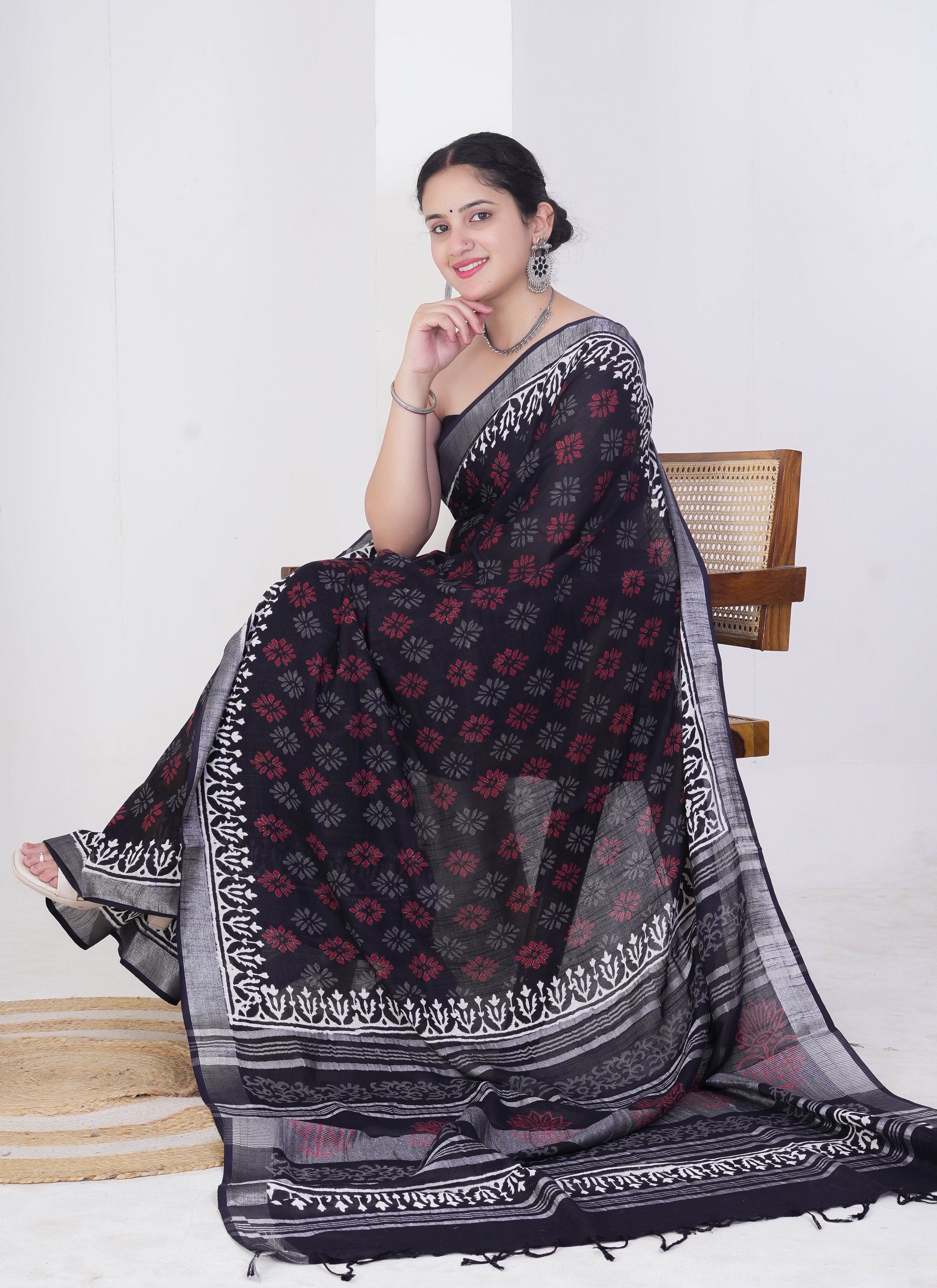 Black Pure Linen Saree with Red and Grey Floral Block Print