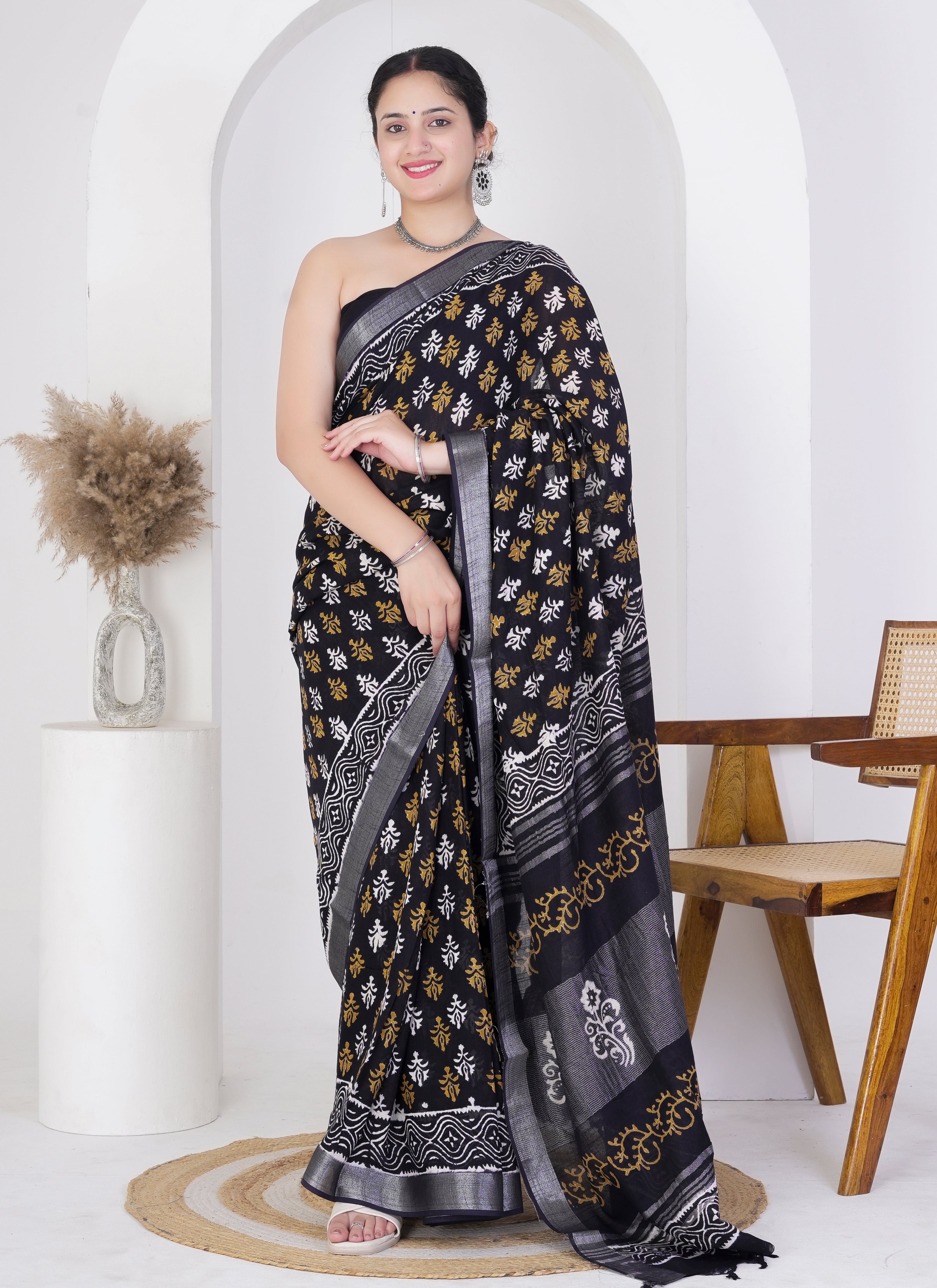 Black Pure Linen Saree with Mustard and White Floral Motifs