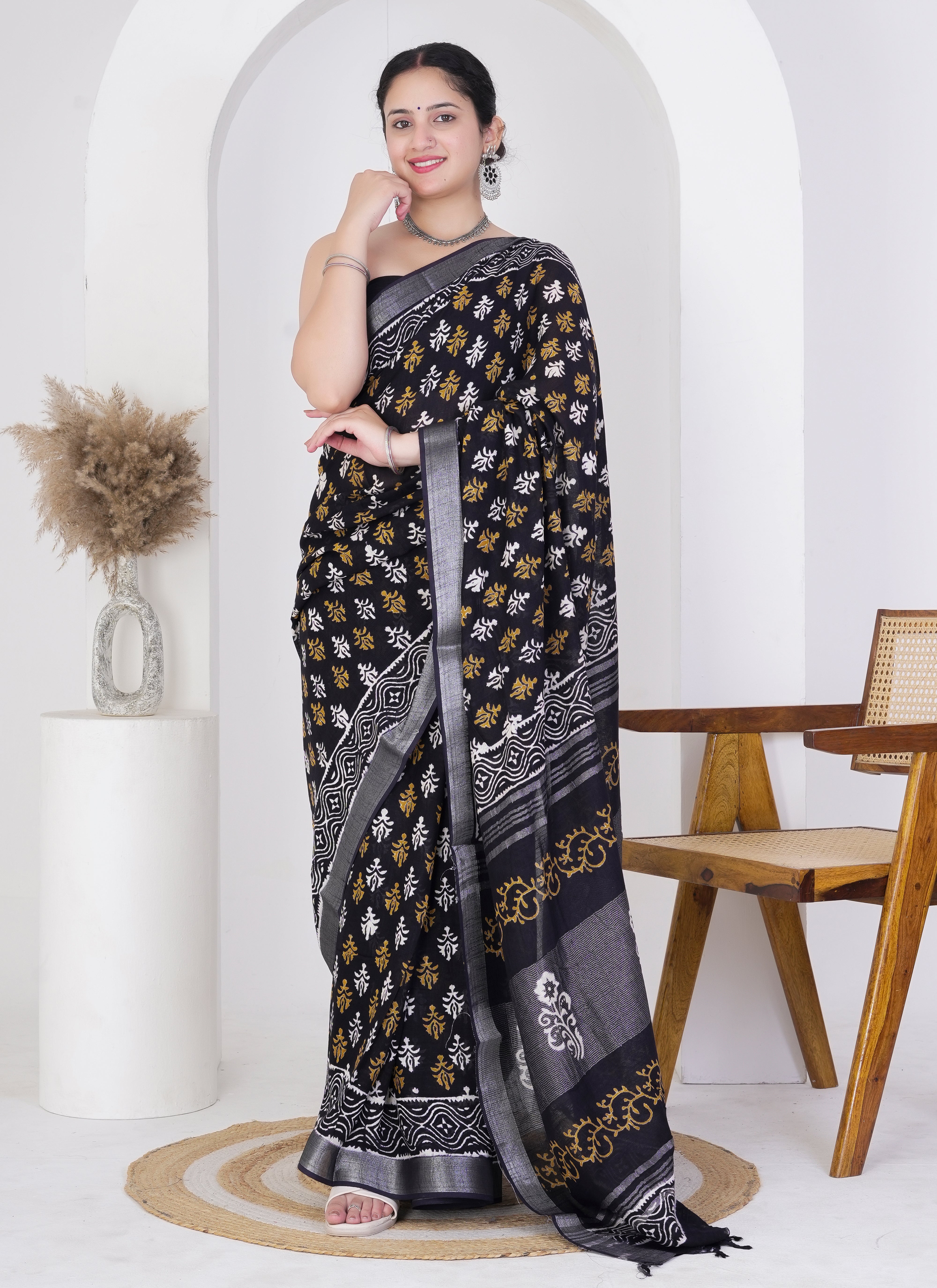 Black Pure Linen Saree with Mustard and White Floral Motifs