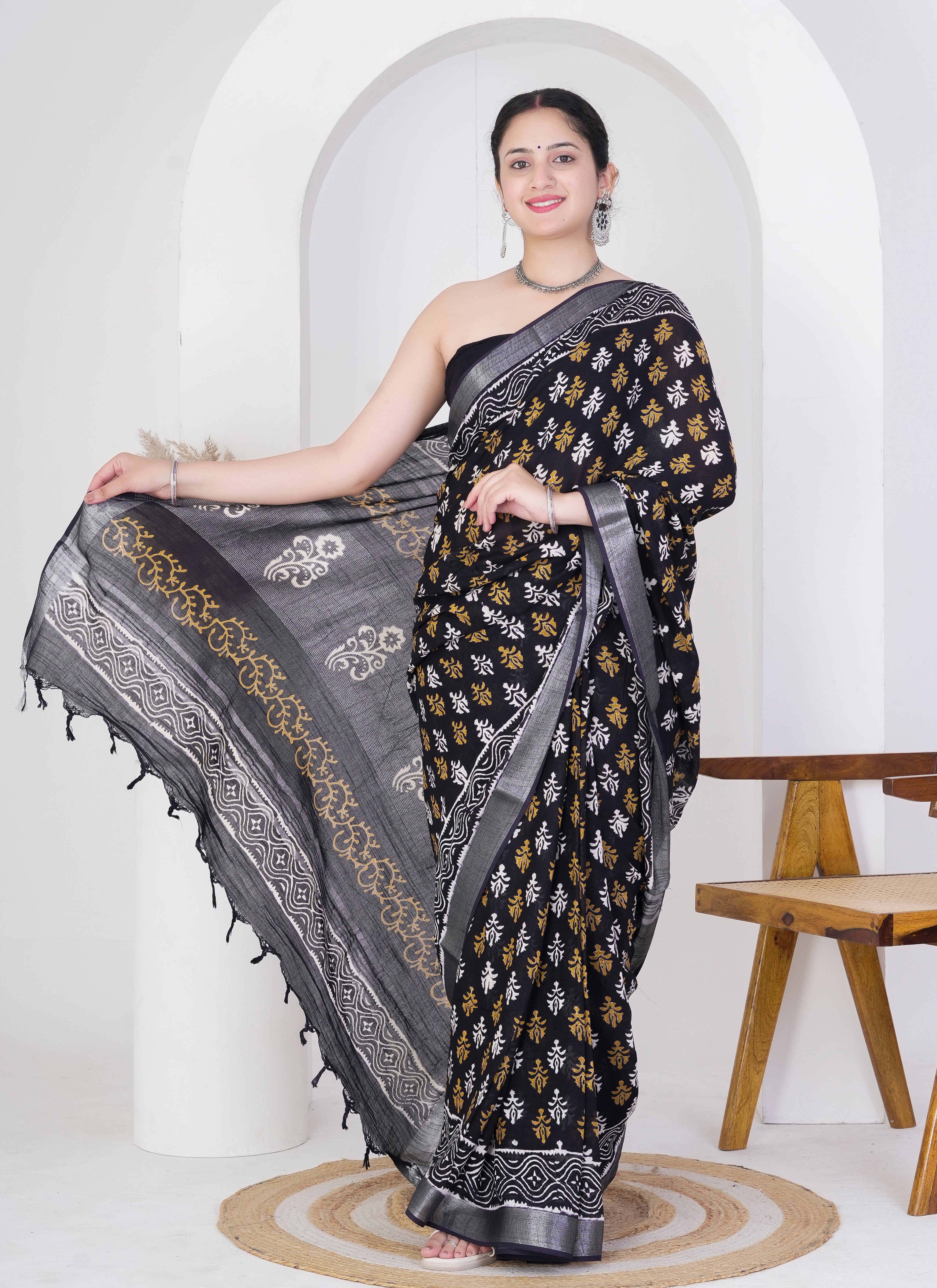 Black Pure Linen Saree with Mustard and White Floral Motifs