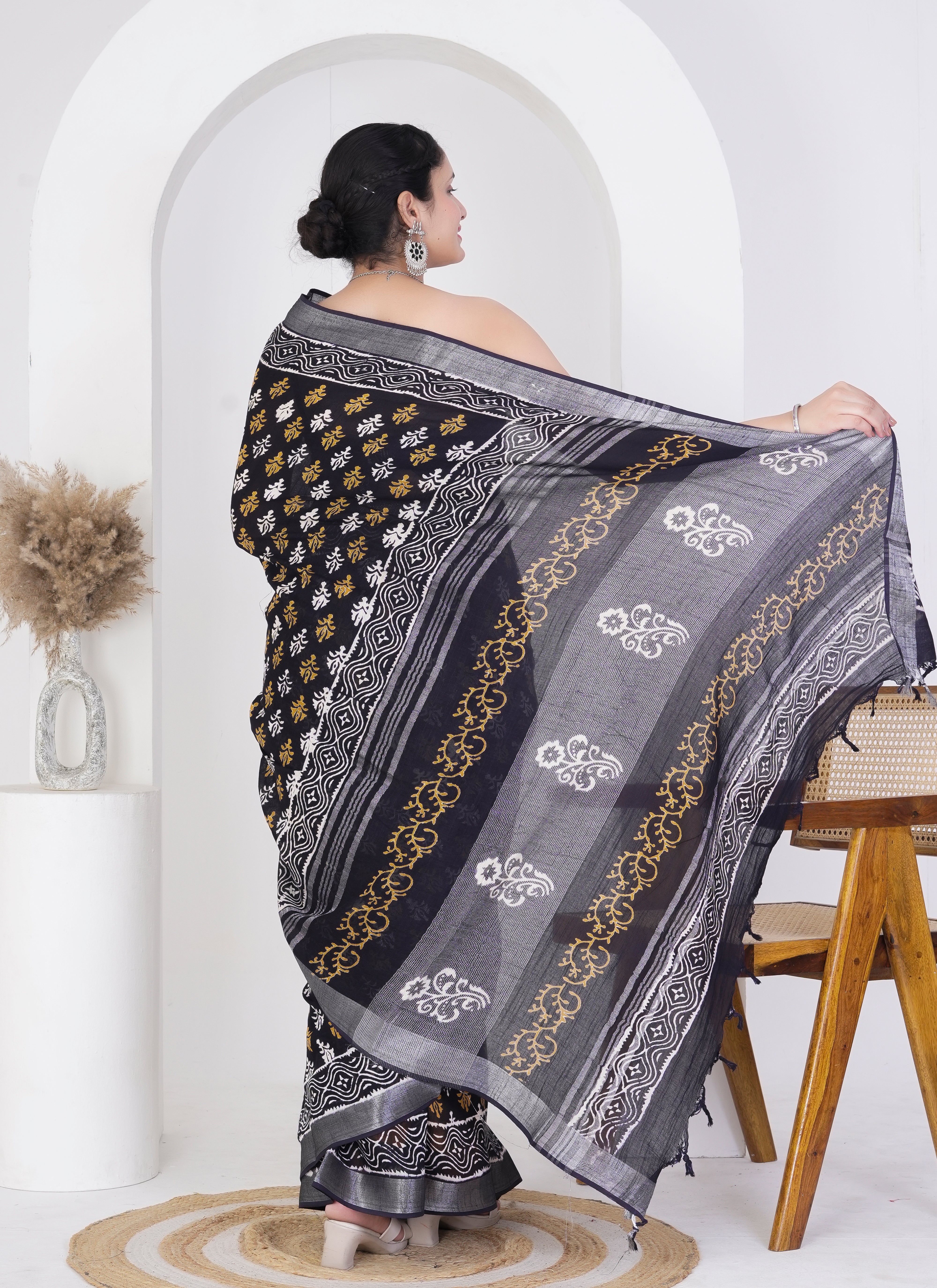 Black Pure Linen Saree with Mustard and White Floral Motifs