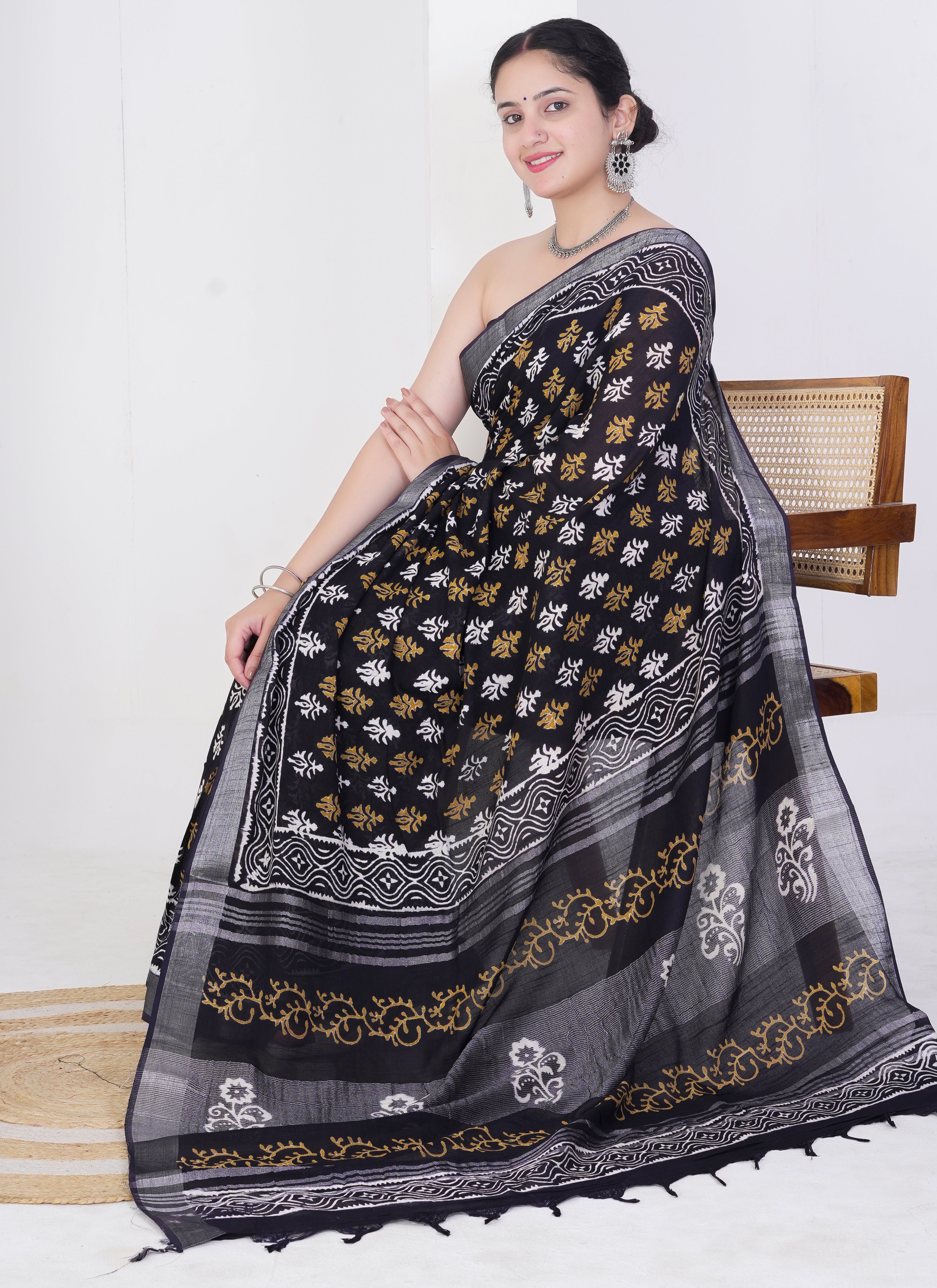 Black Pure Linen Saree with Mustard and White Floral Motifs