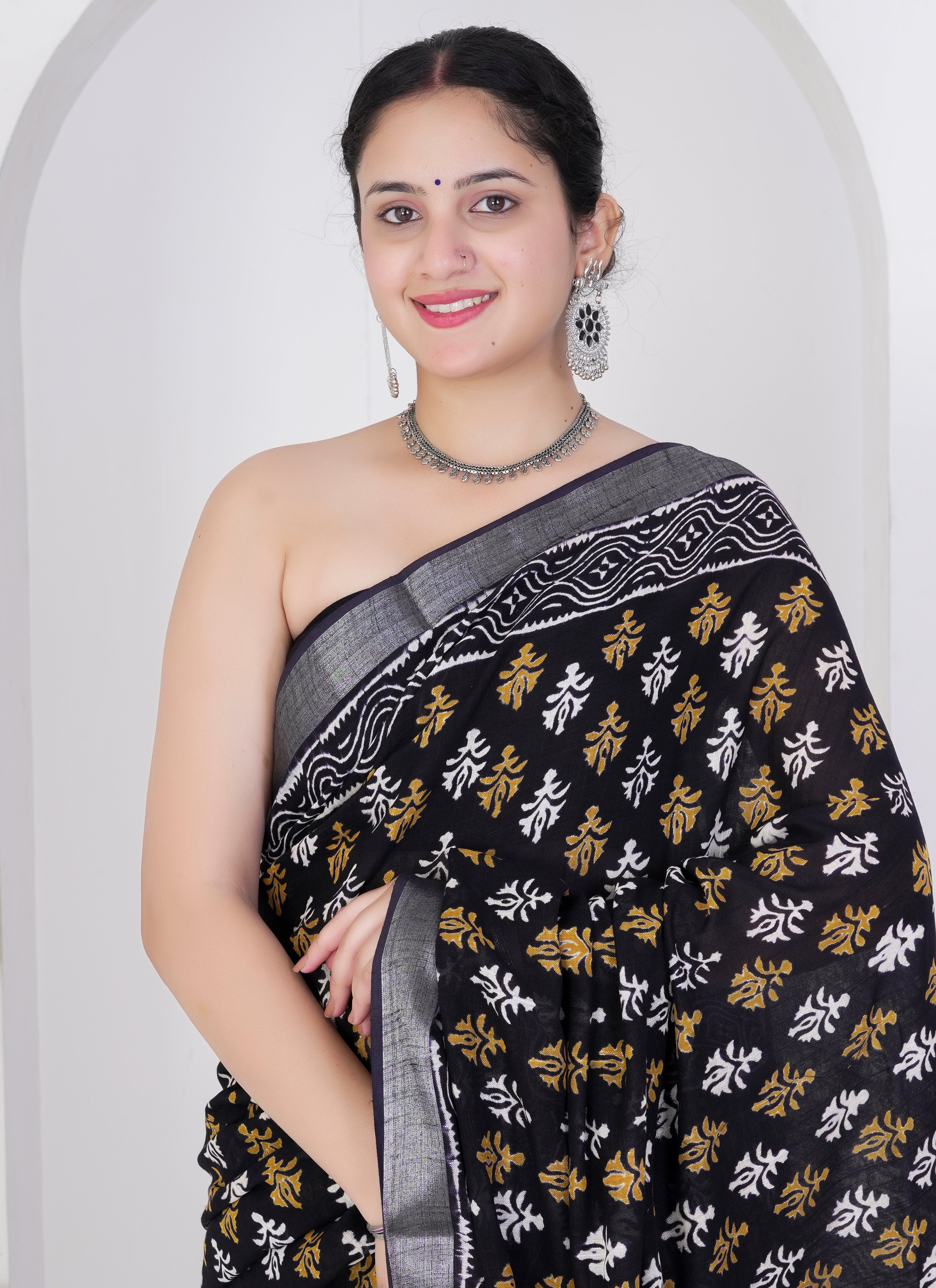 Black Pure Linen Saree with Mustard and White Floral Motifs