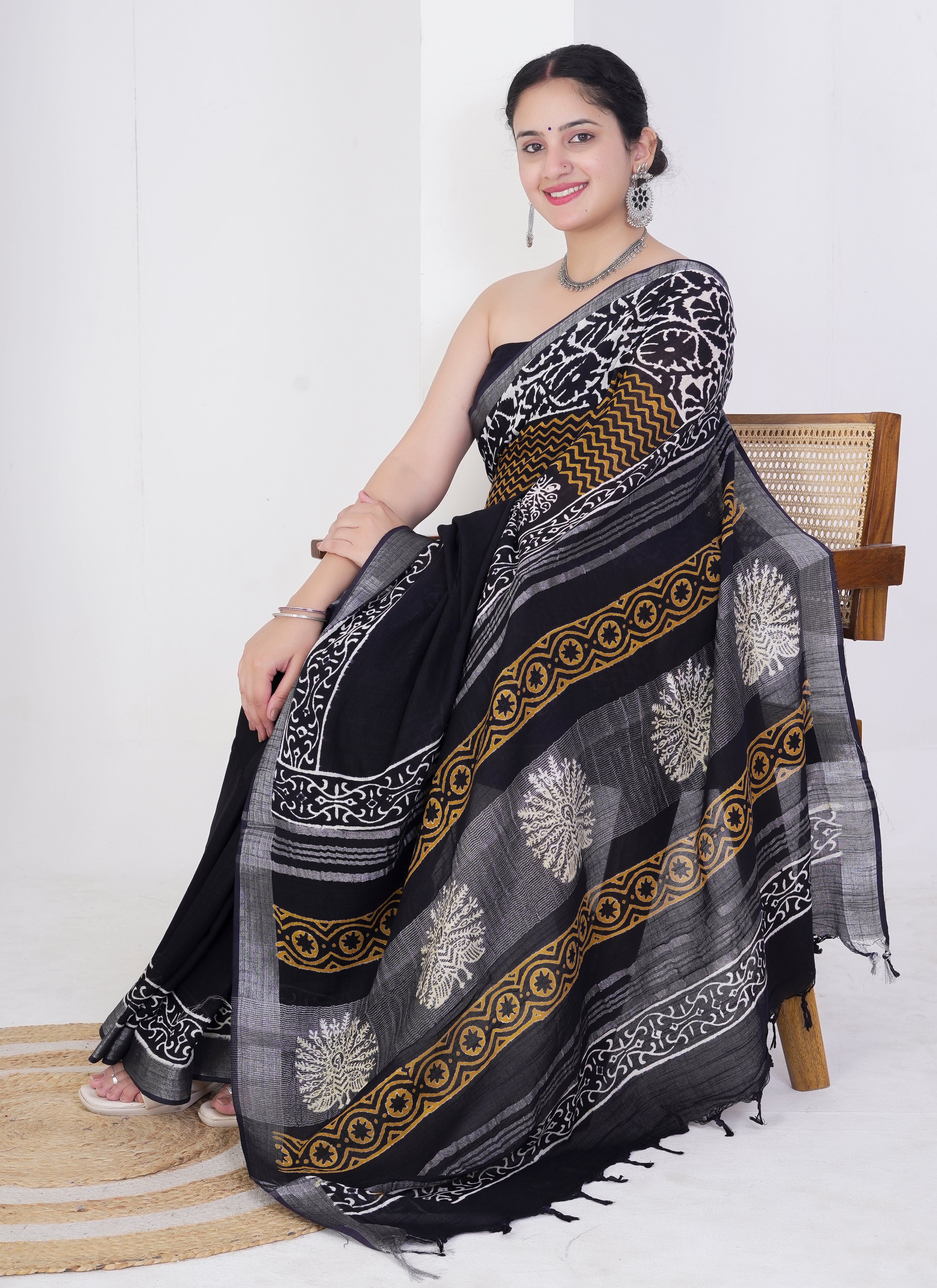 Black Pure Linen Saree with White Paisley Motifs