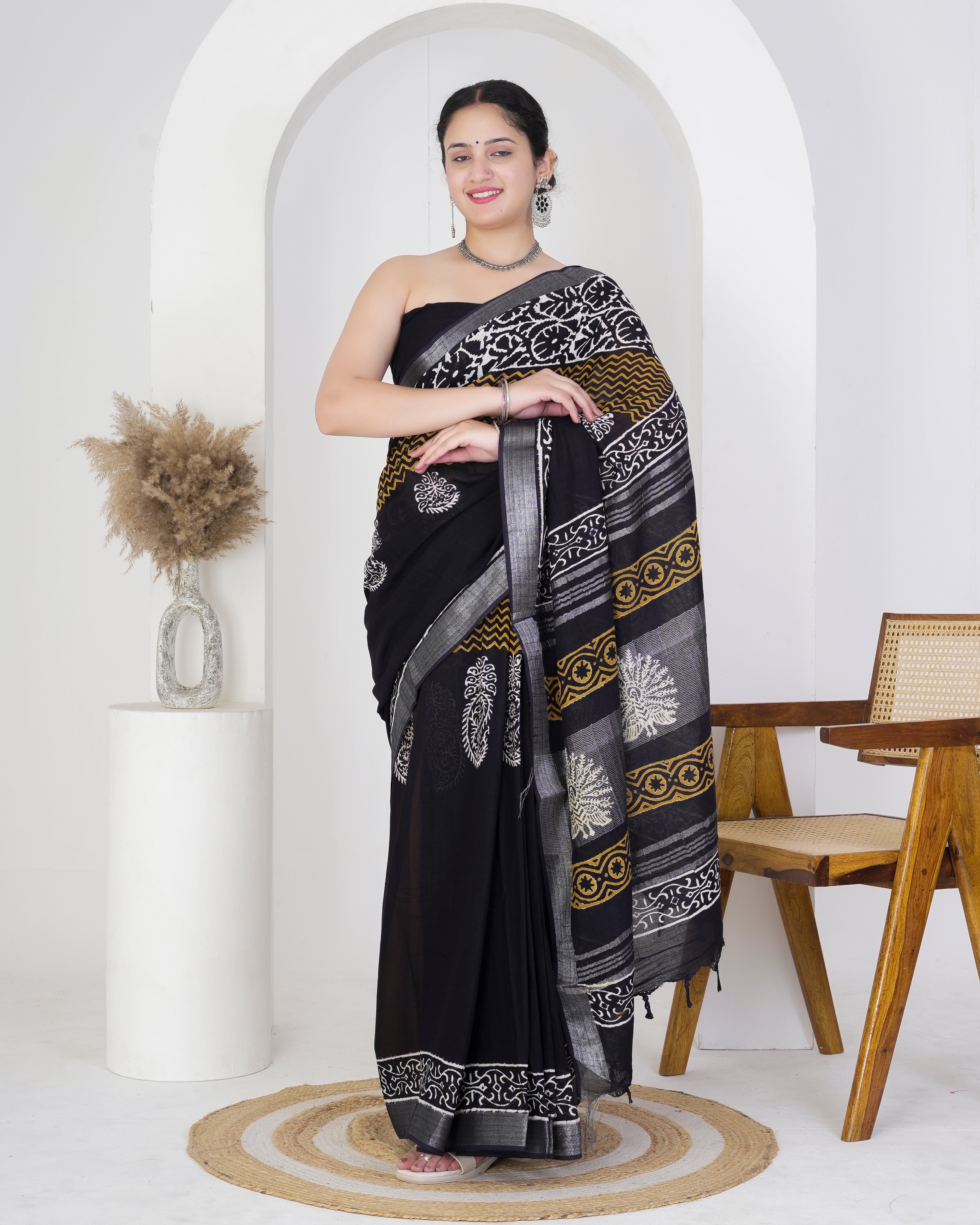 Black Pure Linen Saree with White Paisley Motifs