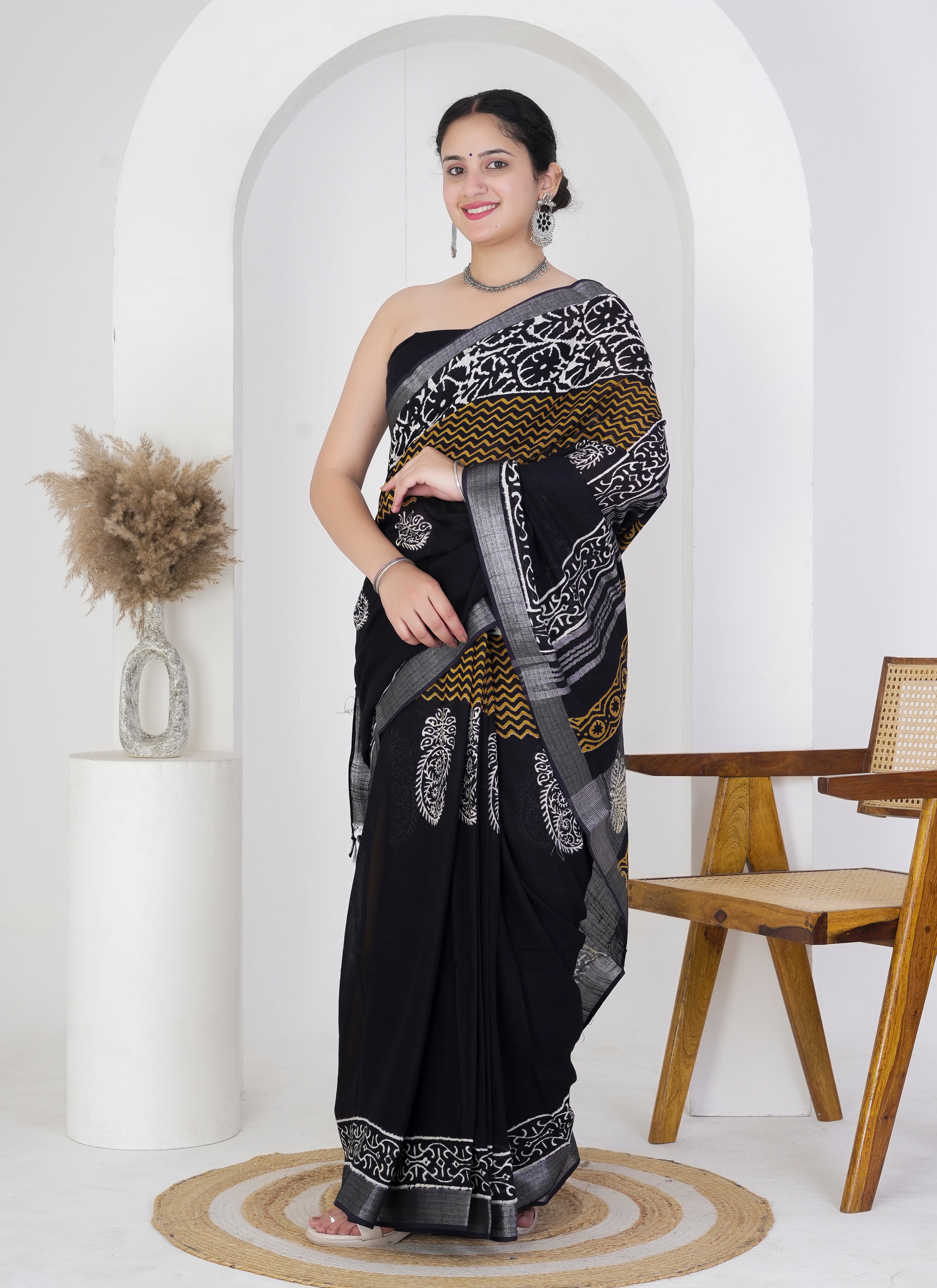 Black Pure Linen Saree with White Paisley Motifs