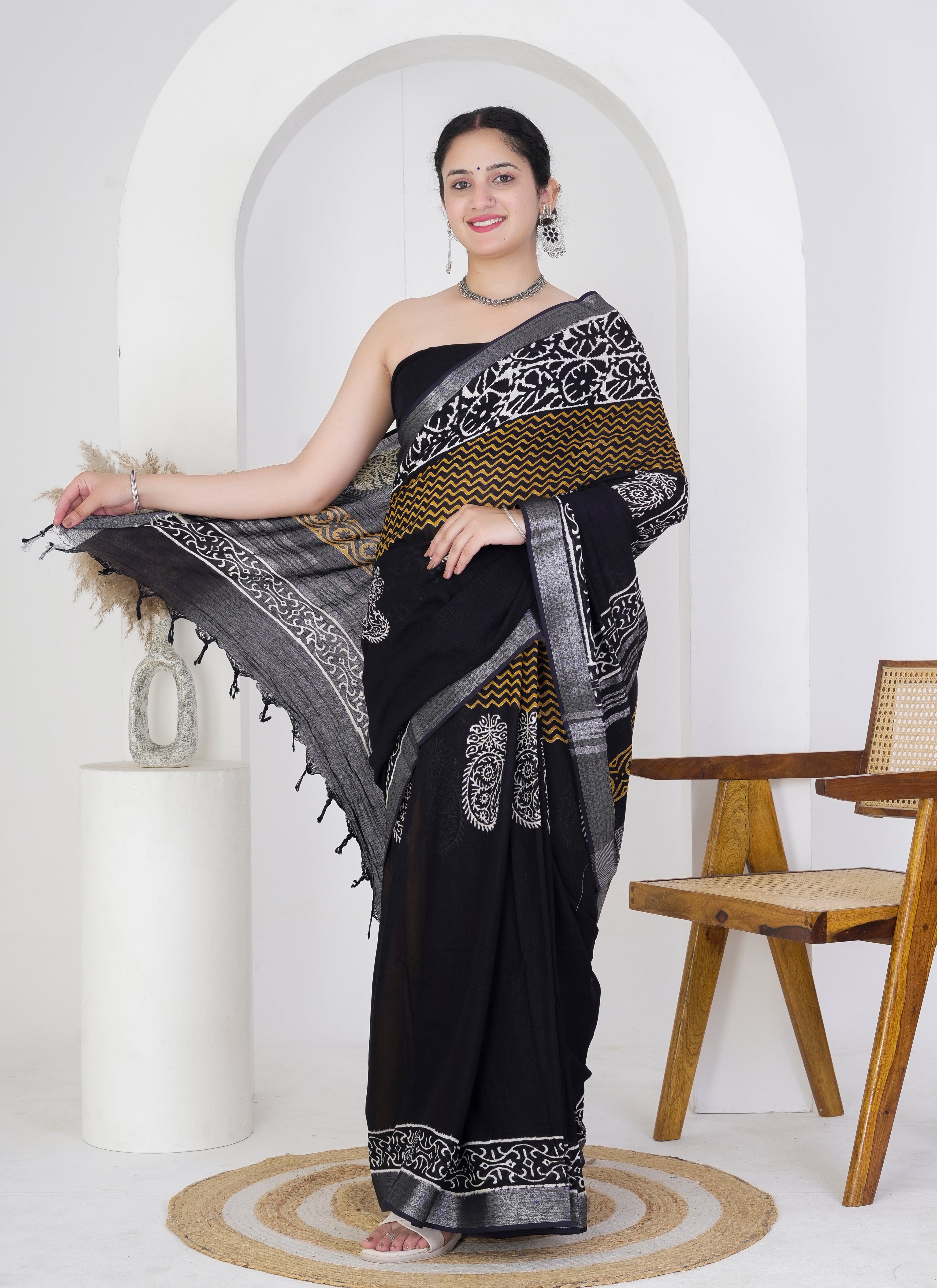 Black Pure Linen Saree with White Paisley Motifs
