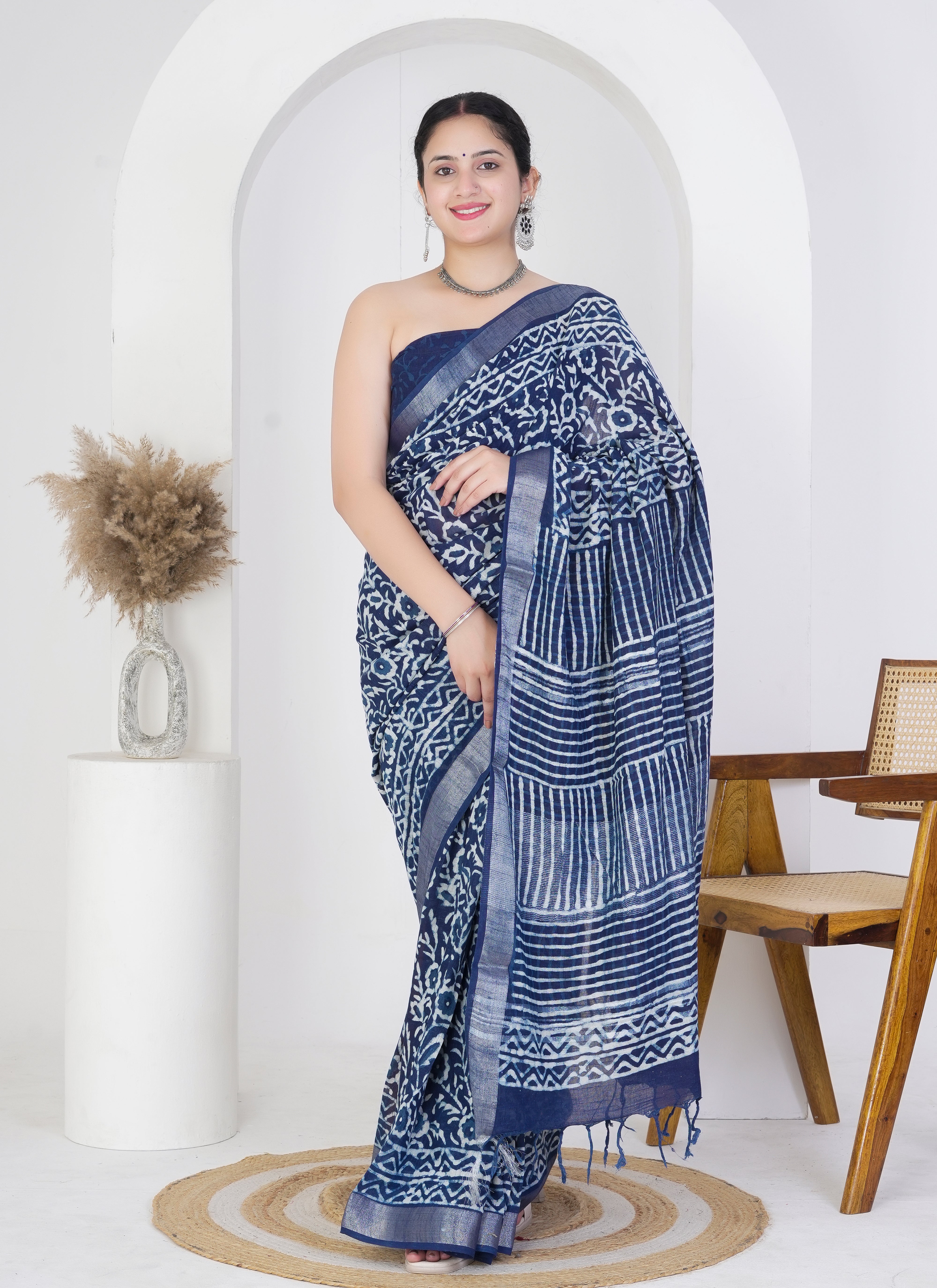 Indigo Blue Pure Linen Saree with Floral Block Print