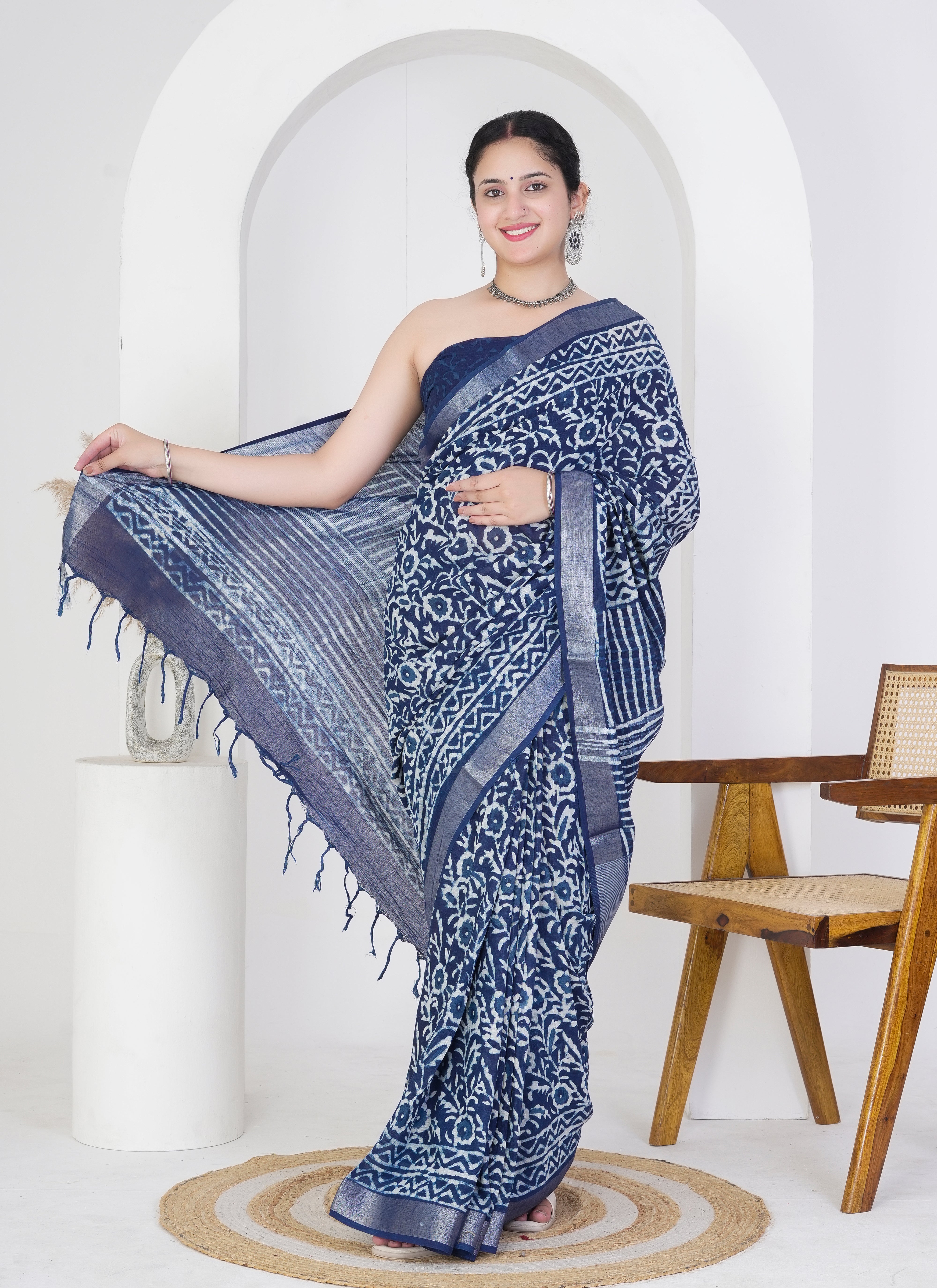 Indigo Blue Pure Linen Saree with Floral Block Print