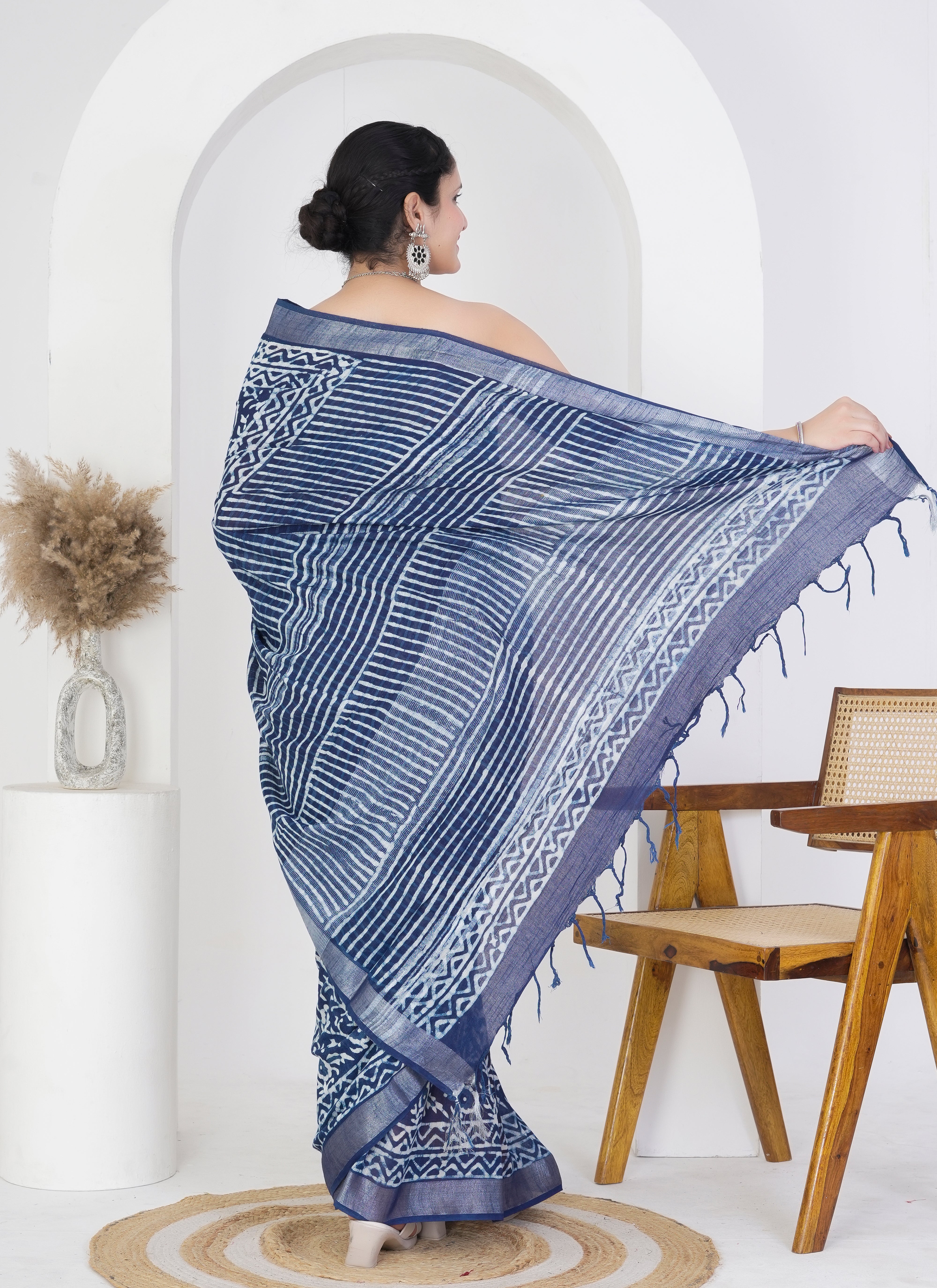 Indigo Blue Pure Linen Saree with Floral Block Print