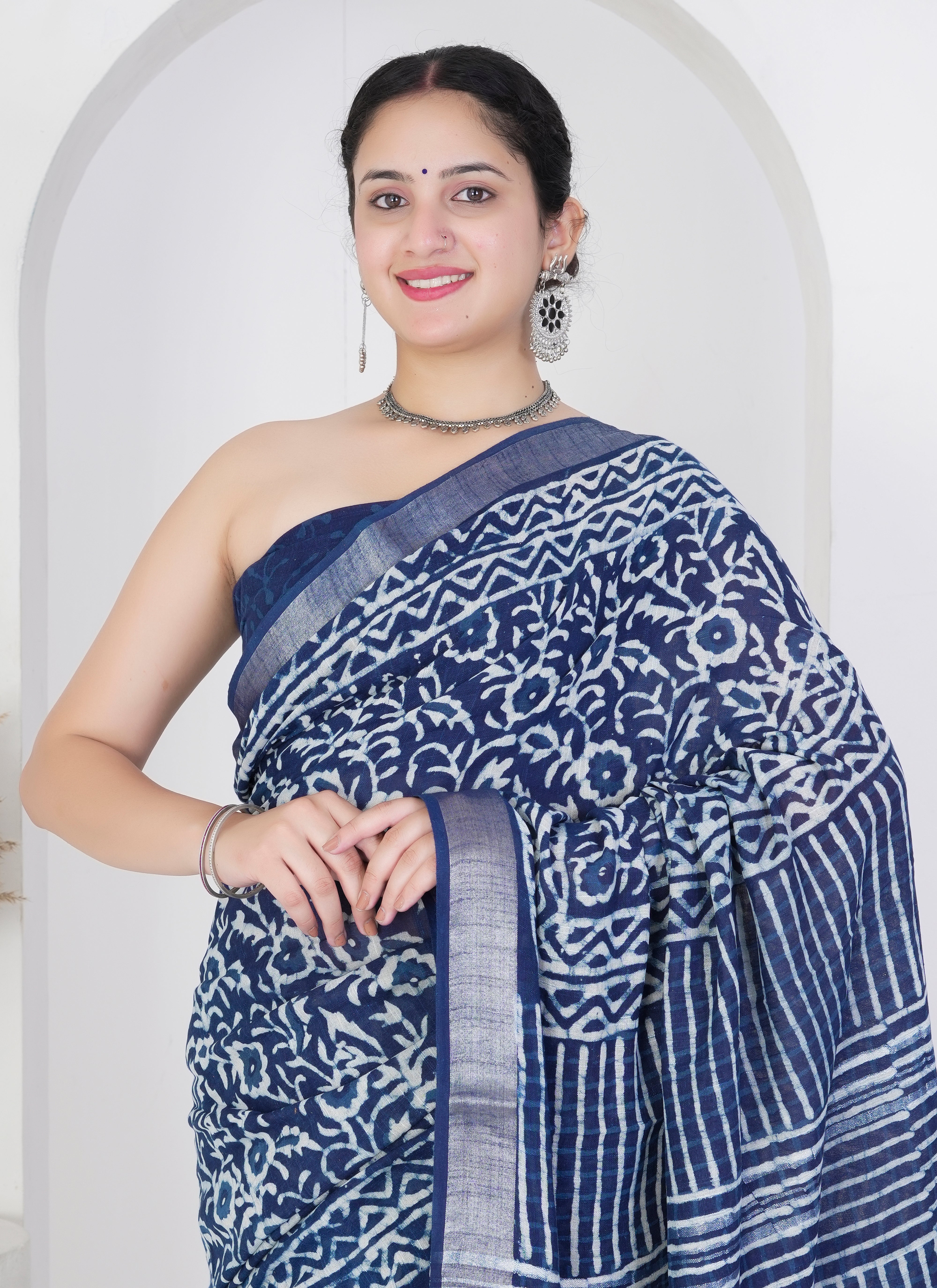 Indigo Blue Pure Linen Saree with Floral Block Print
