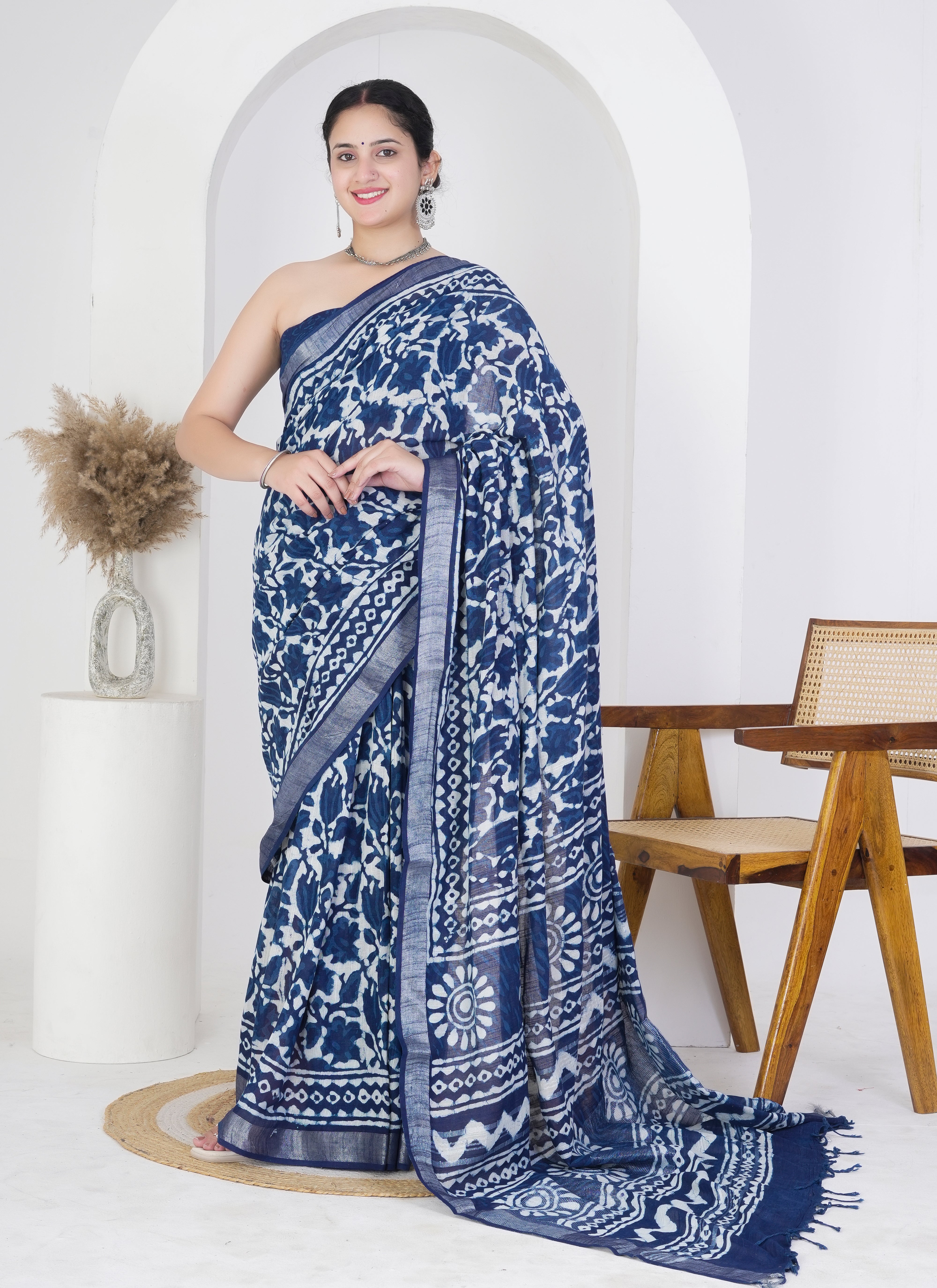 Indigo Pure Linen Saree with Bold Floral and Circular Block Prints
