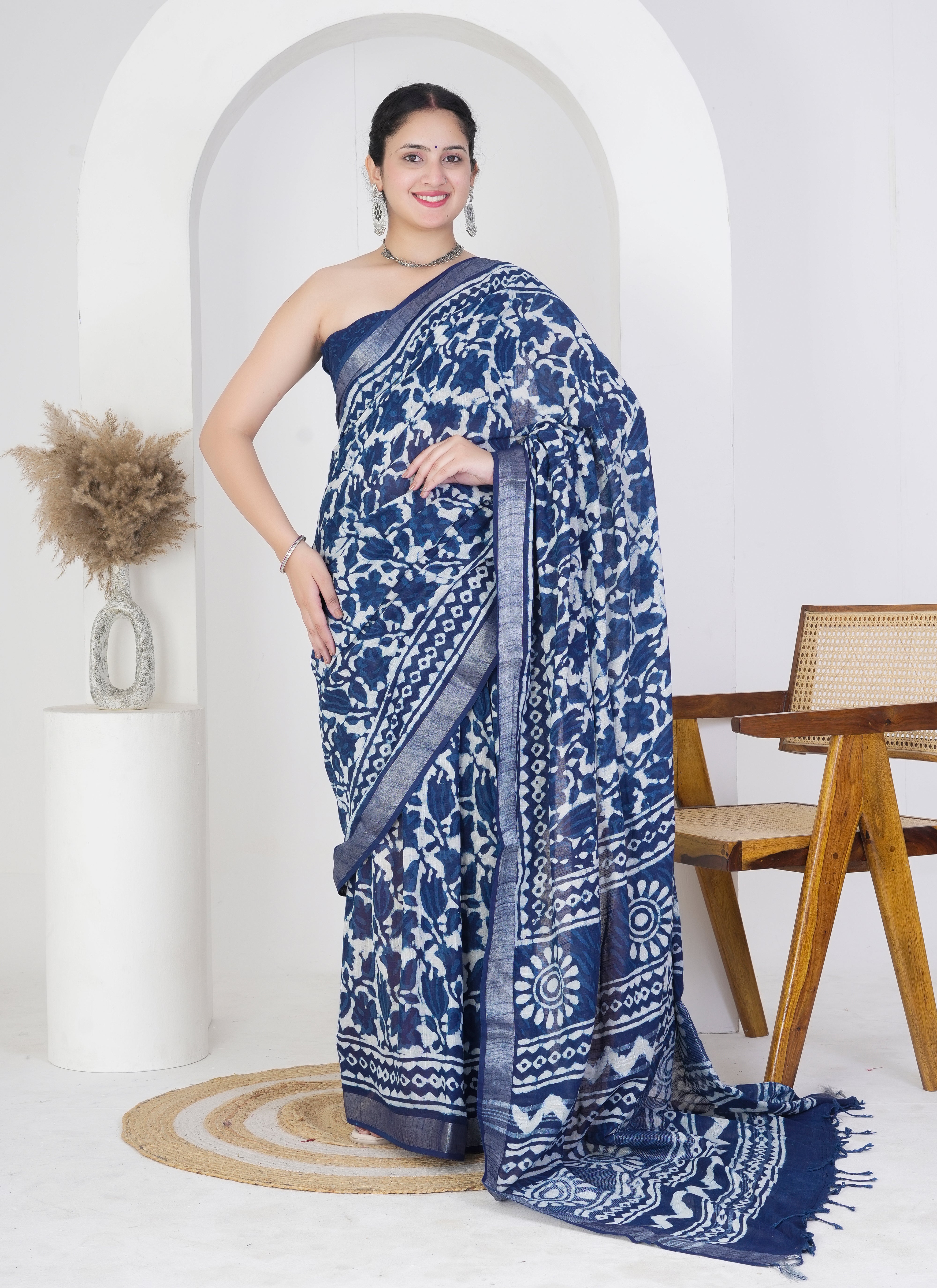 Indigo Pure Linen Saree with Bold Floral and Circular Block Prints
