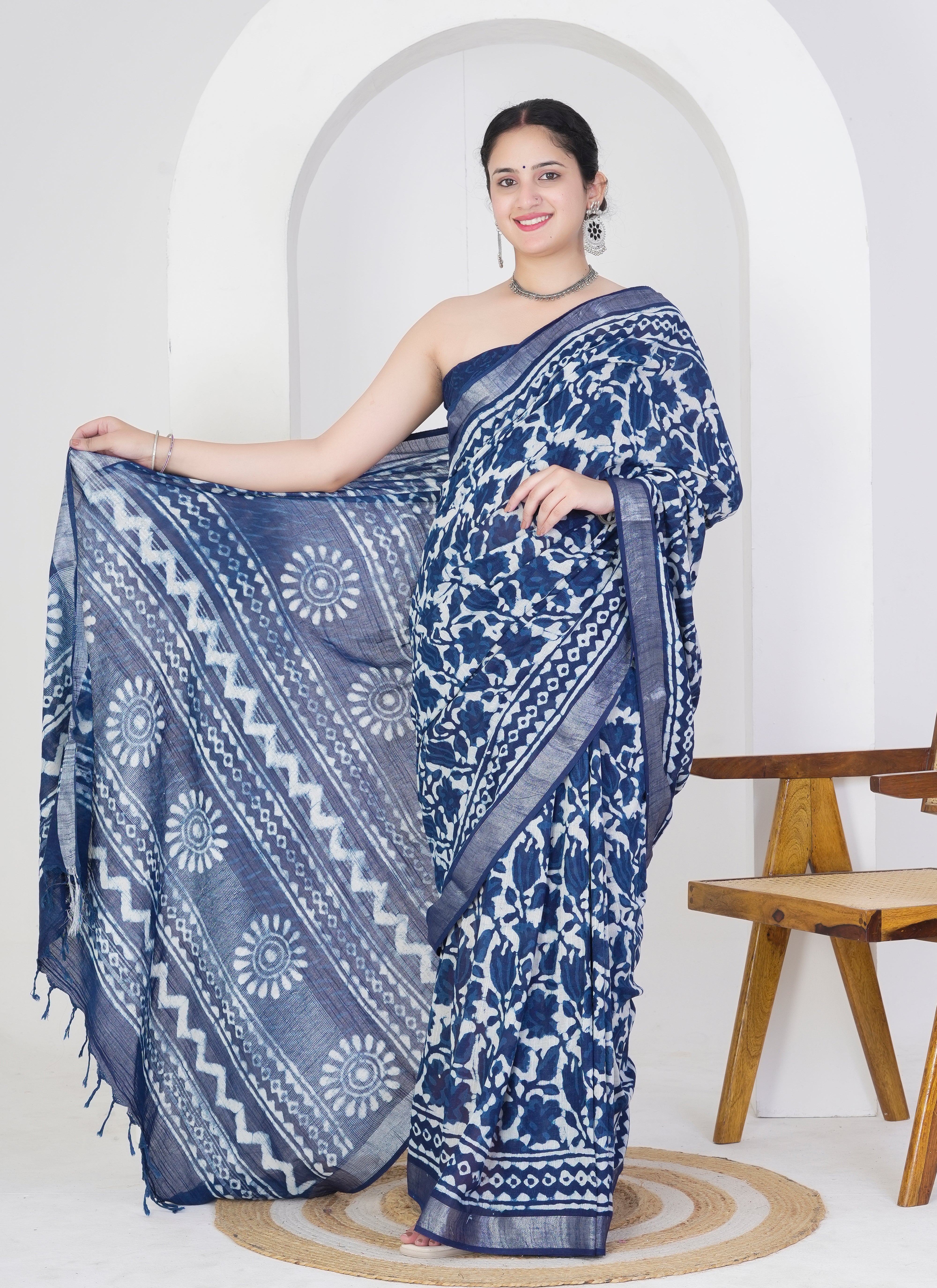 Indigo Pure Linen Saree with Bold Floral and Circular Block Prints