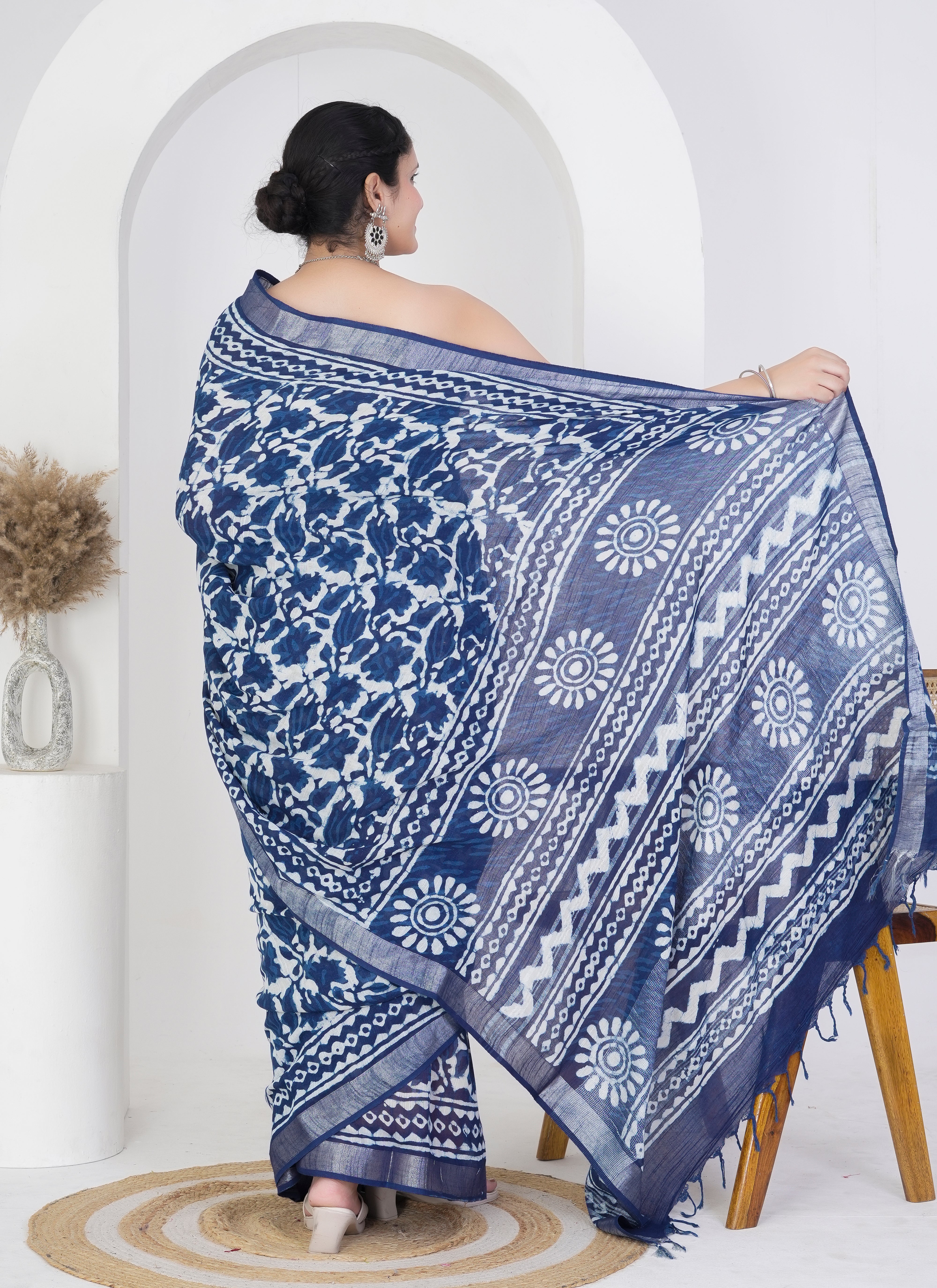 Indigo Pure Linen Saree with Bold Floral and Circular Block Prints