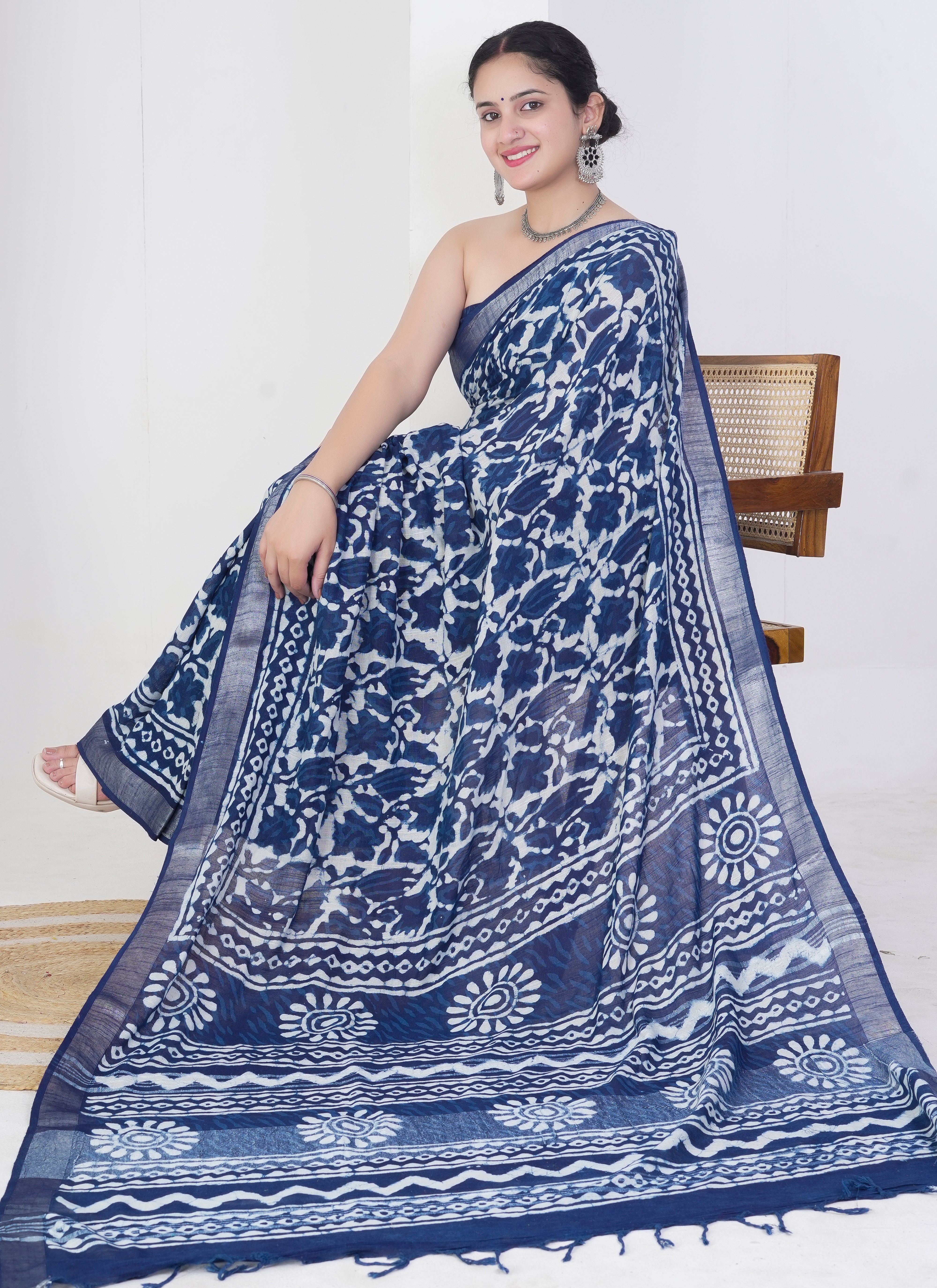 Indigo Pure Linen Saree with Bold Floral and Circular Block Prints