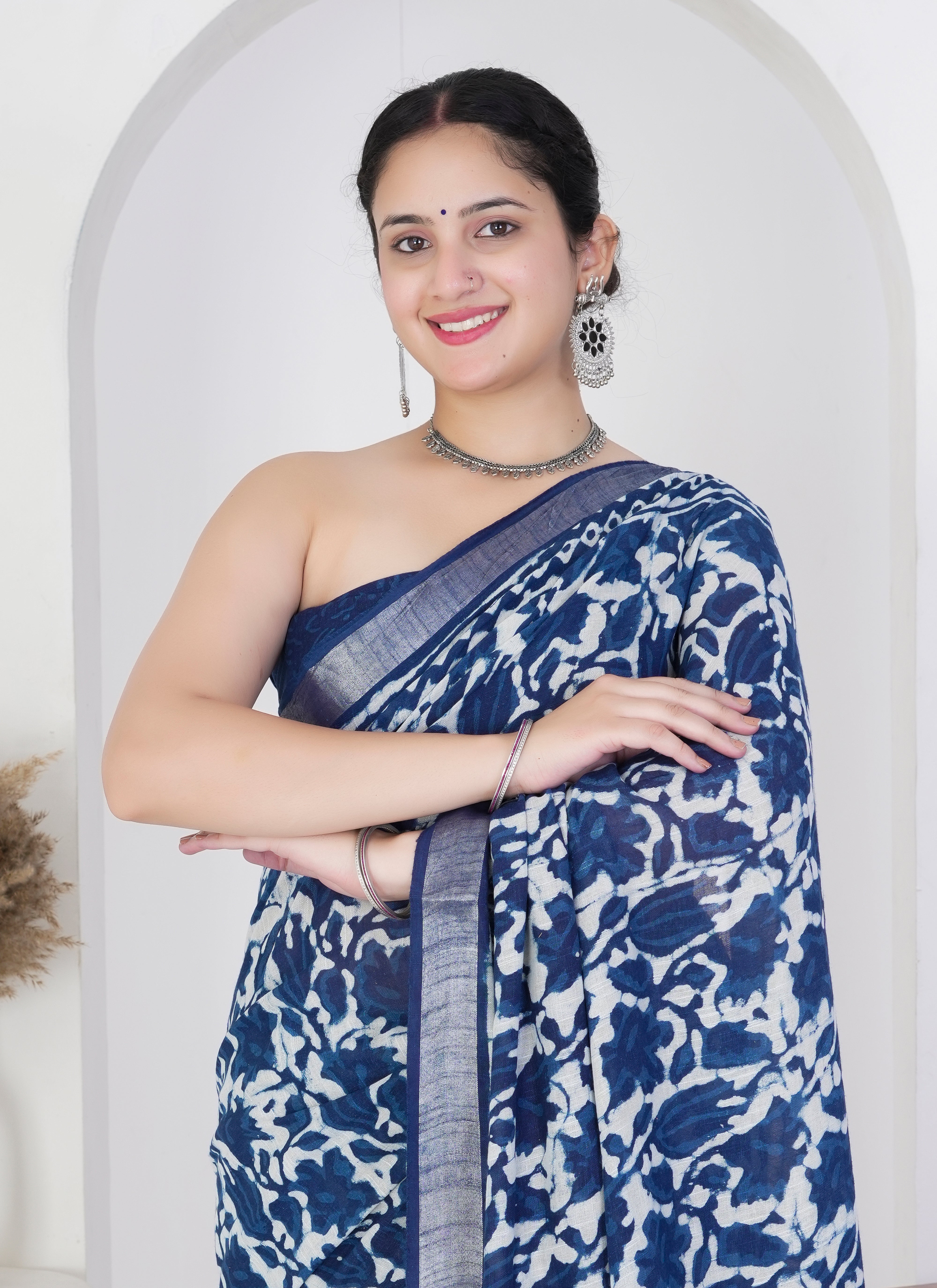 Indigo Pure Linen Saree with Bold Floral and Circular Block Prints