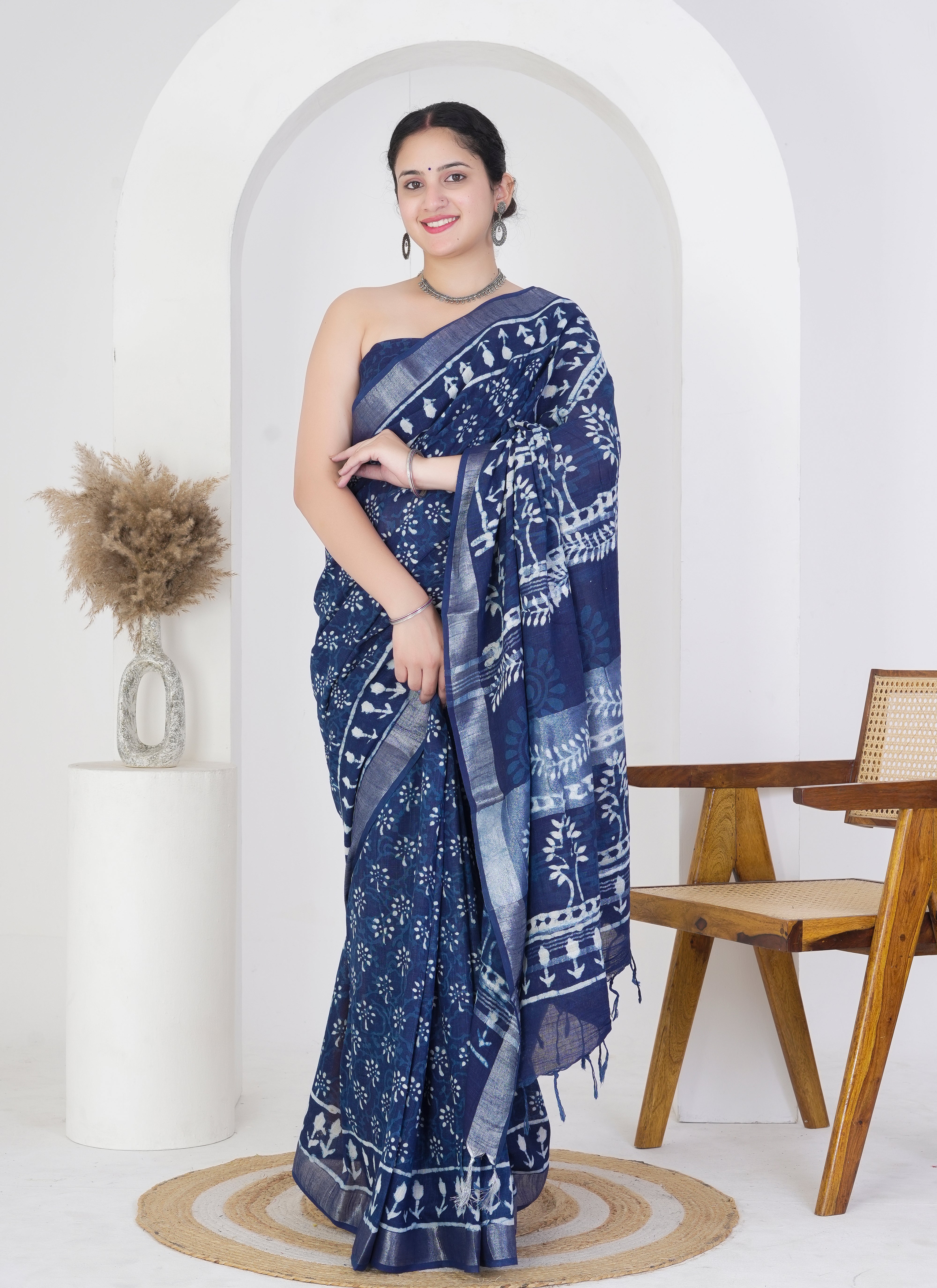 Midnight Blue and Sky White Pure Linen Saree
