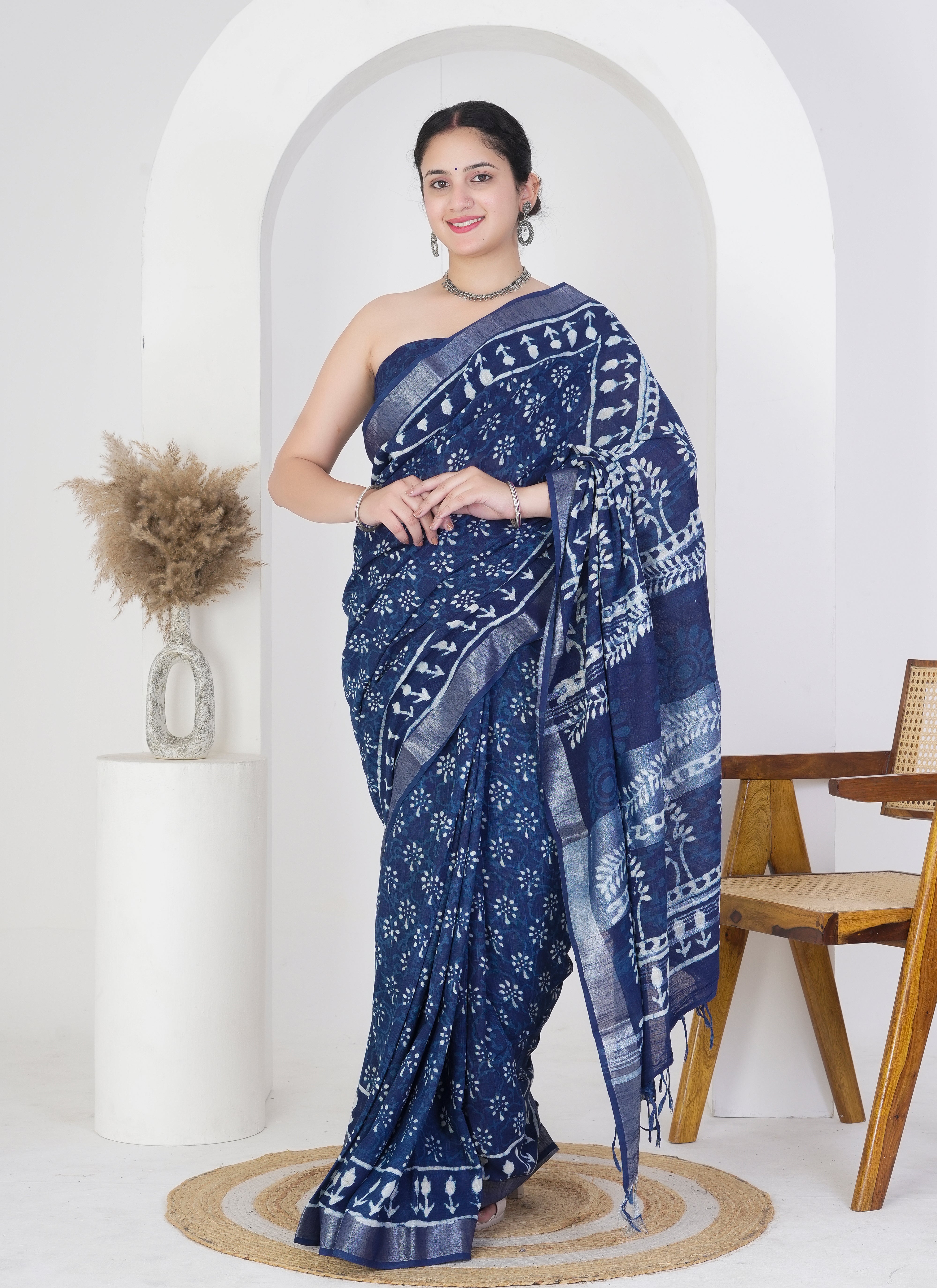 Midnight Blue and Sky White Pure Linen Saree