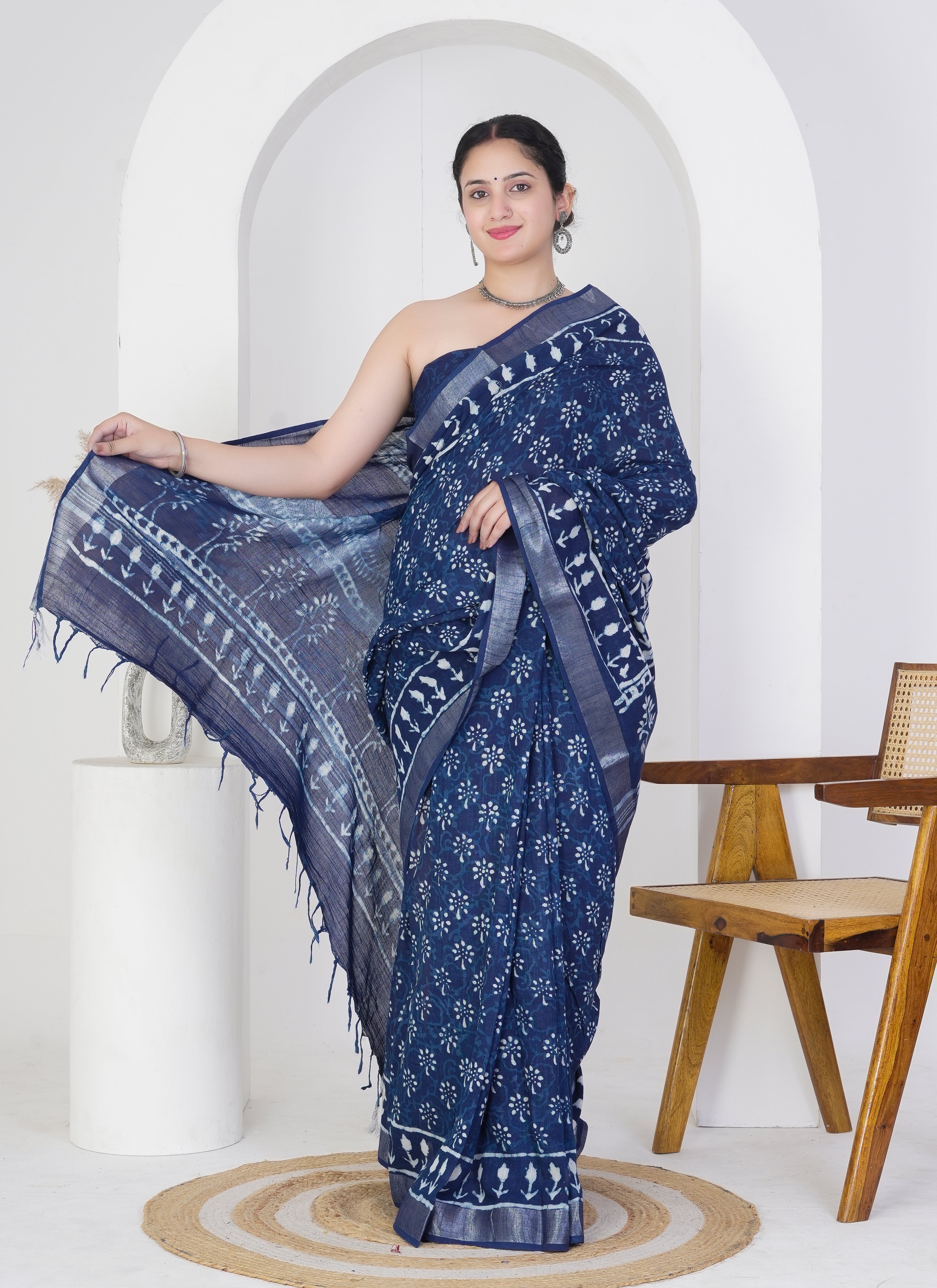 Midnight Blue and Sky White Pure Linen Saree
