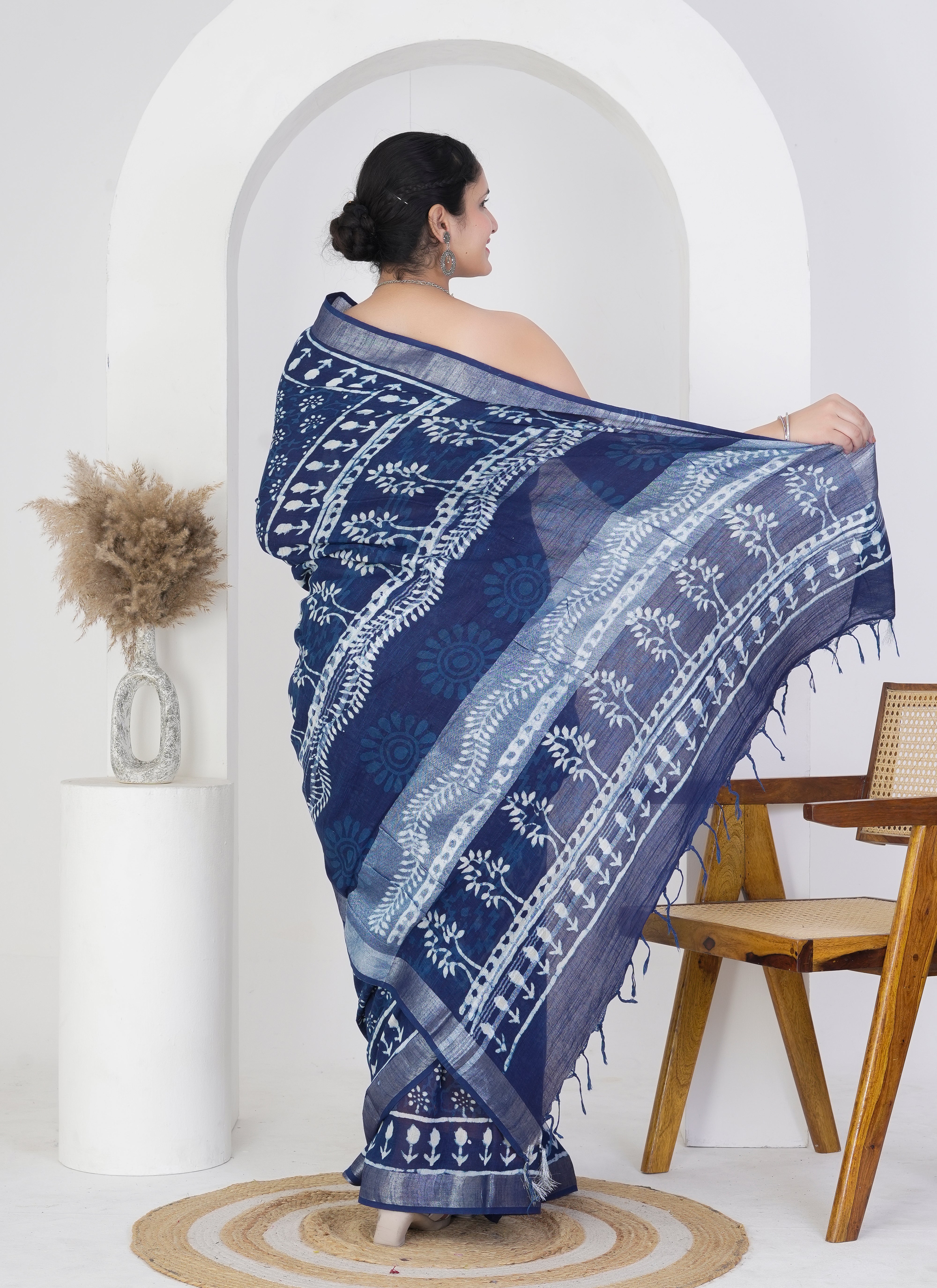 Midnight Blue and Sky White Pure Linen Saree