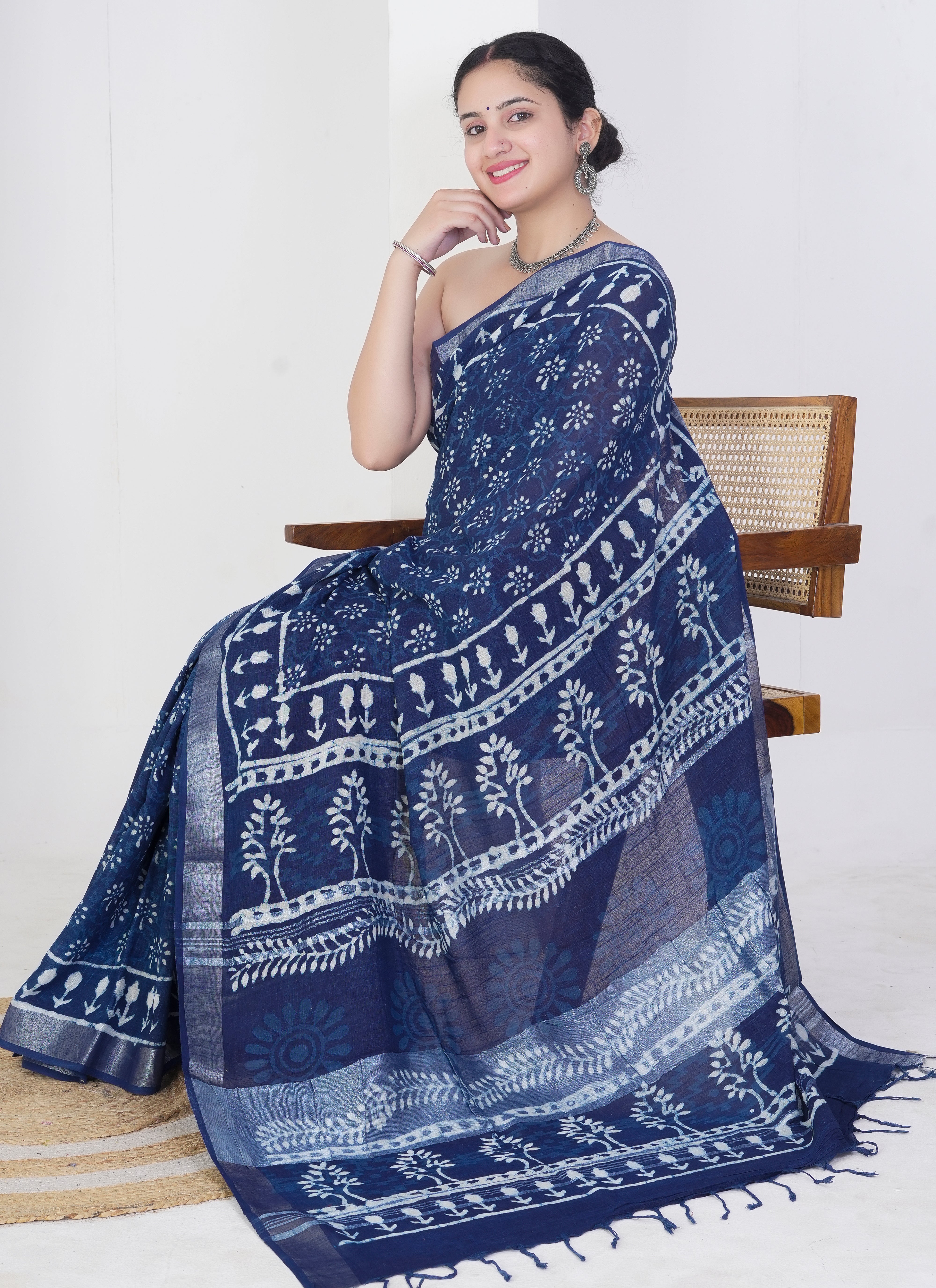 Midnight Blue and Sky White Pure Linen Saree