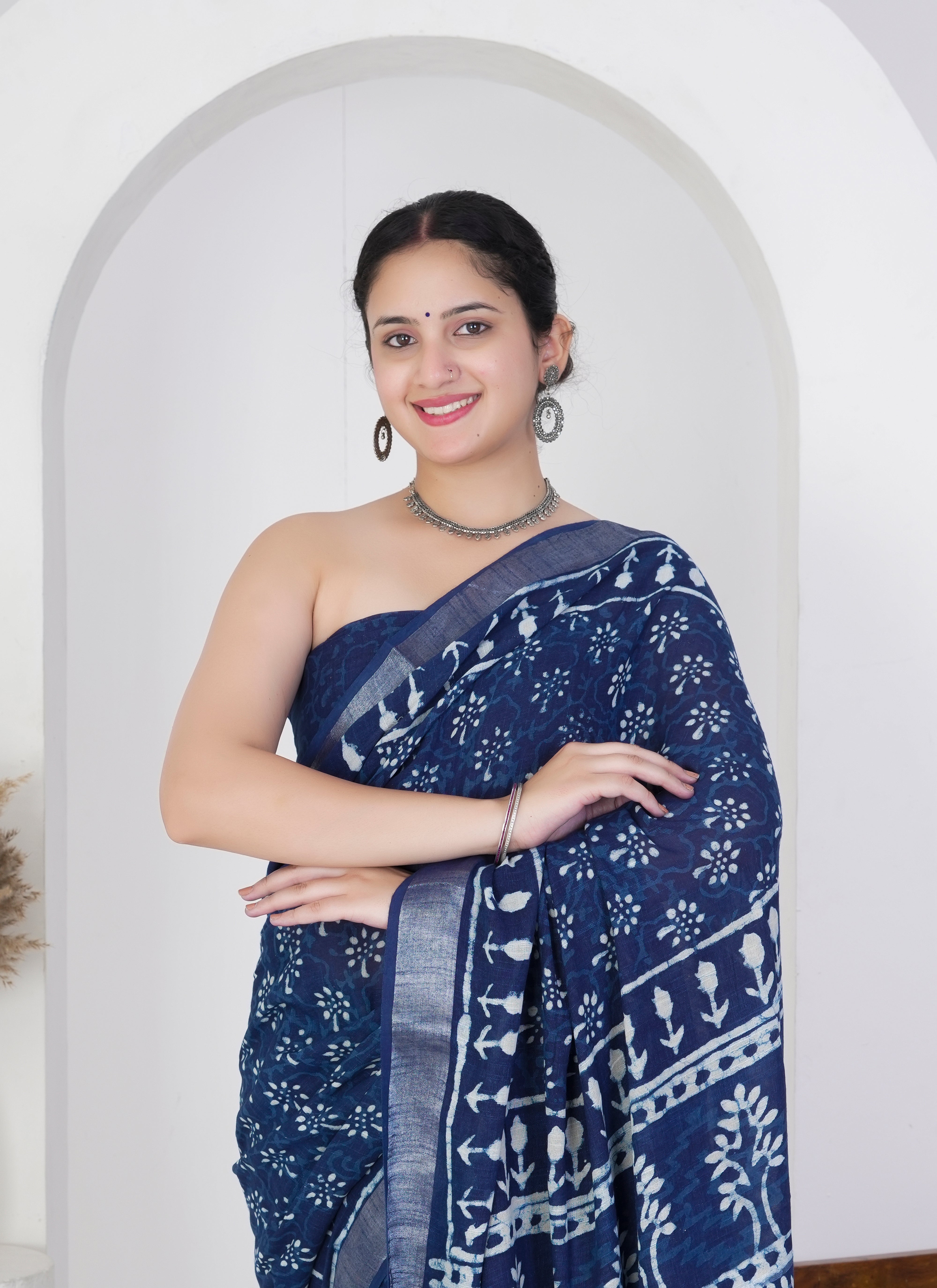 Midnight Blue and Sky White Pure Linen Saree