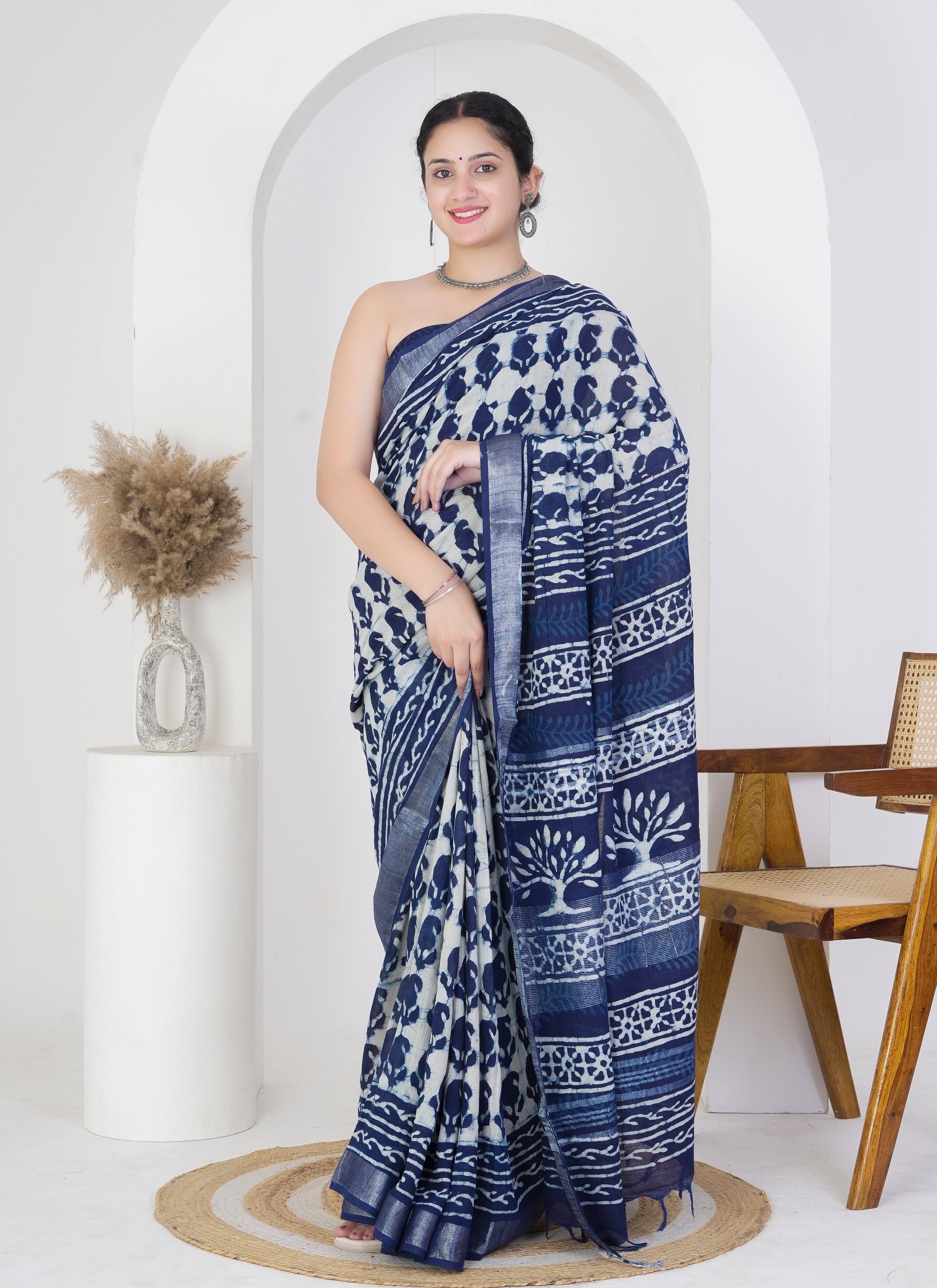 Ivory and Indigo Pure Linen Saree