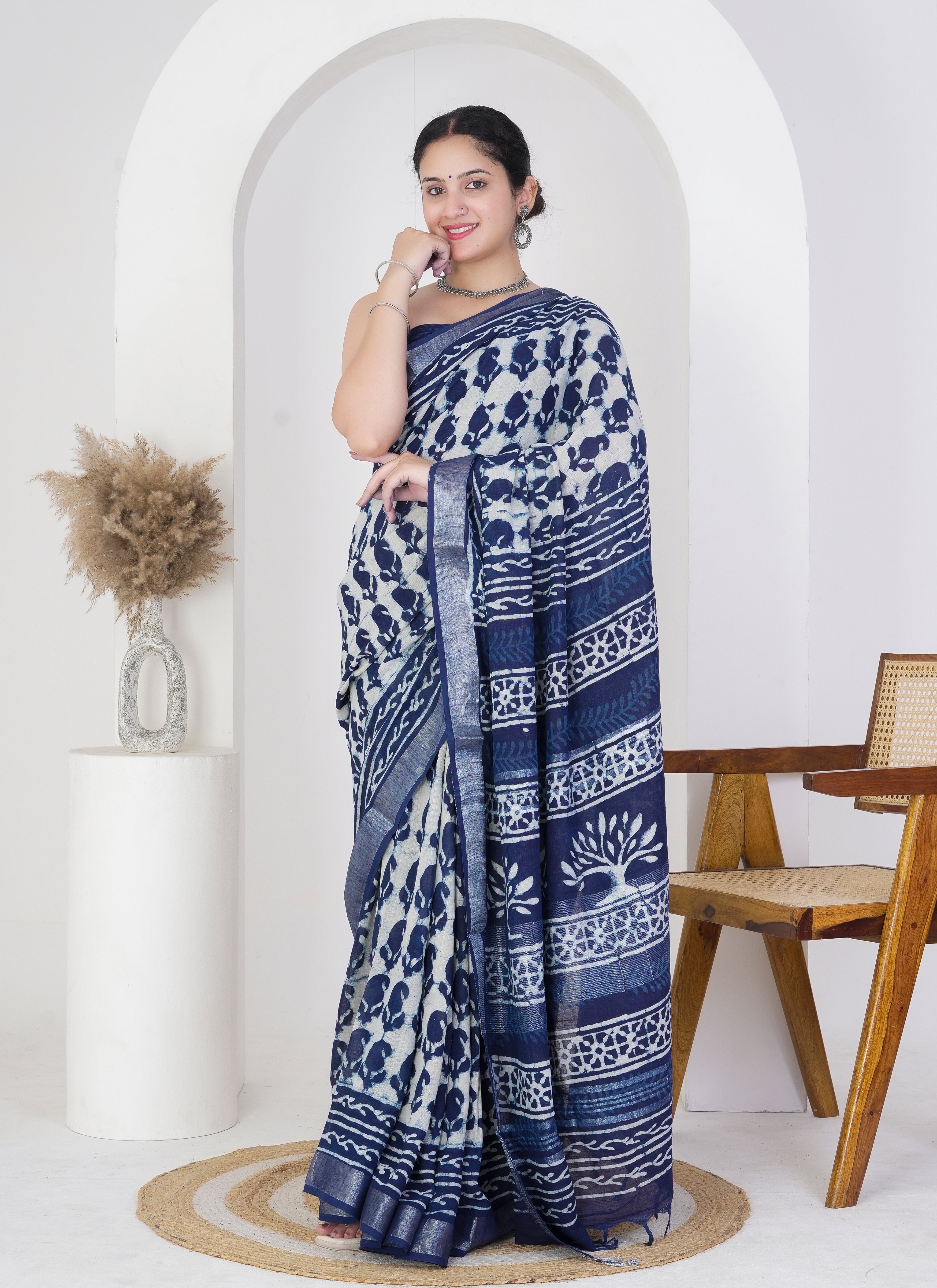 Ivory and Indigo Pure Linen Saree