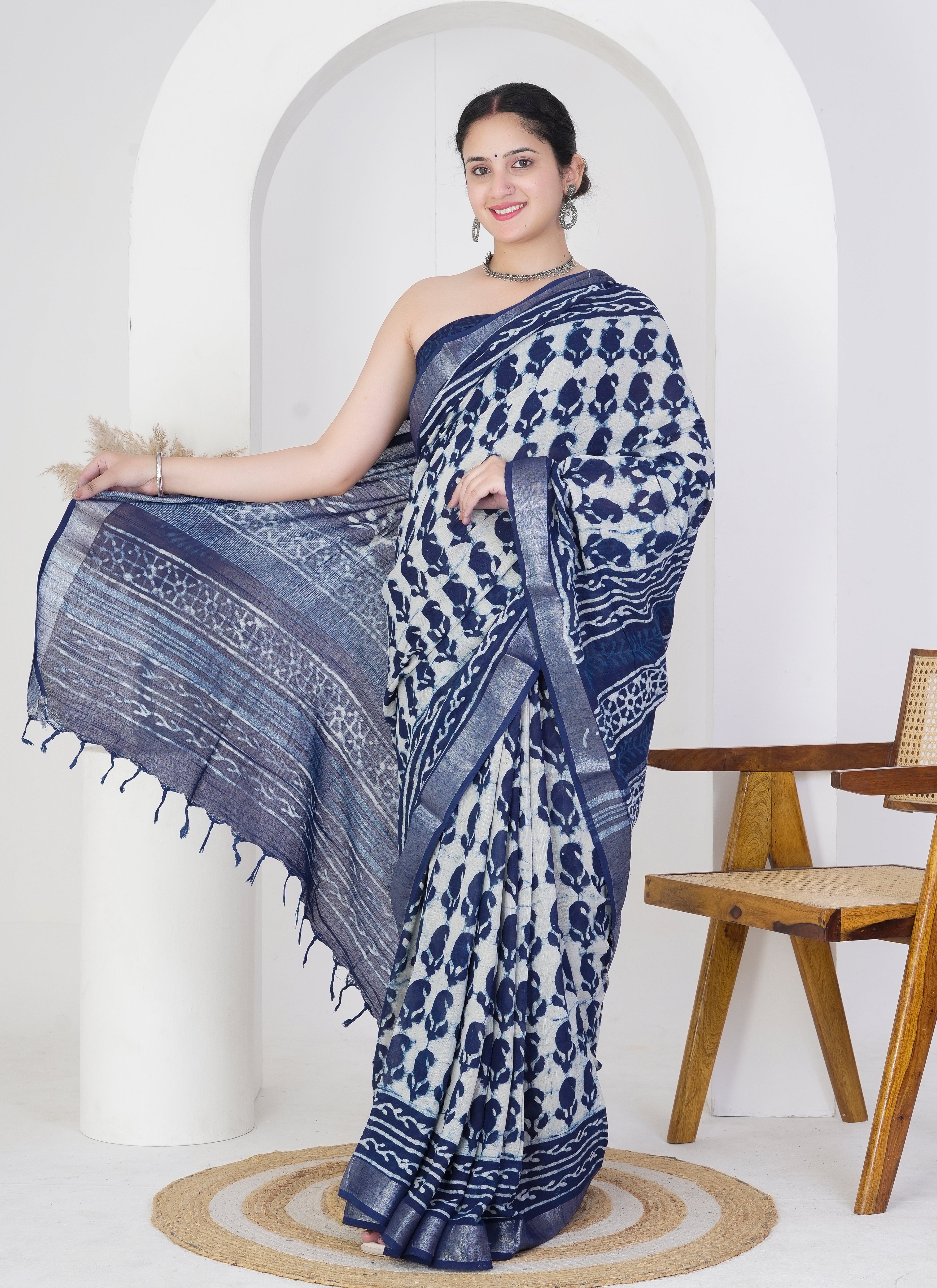 Ivory and Indigo Pure Linen Saree
