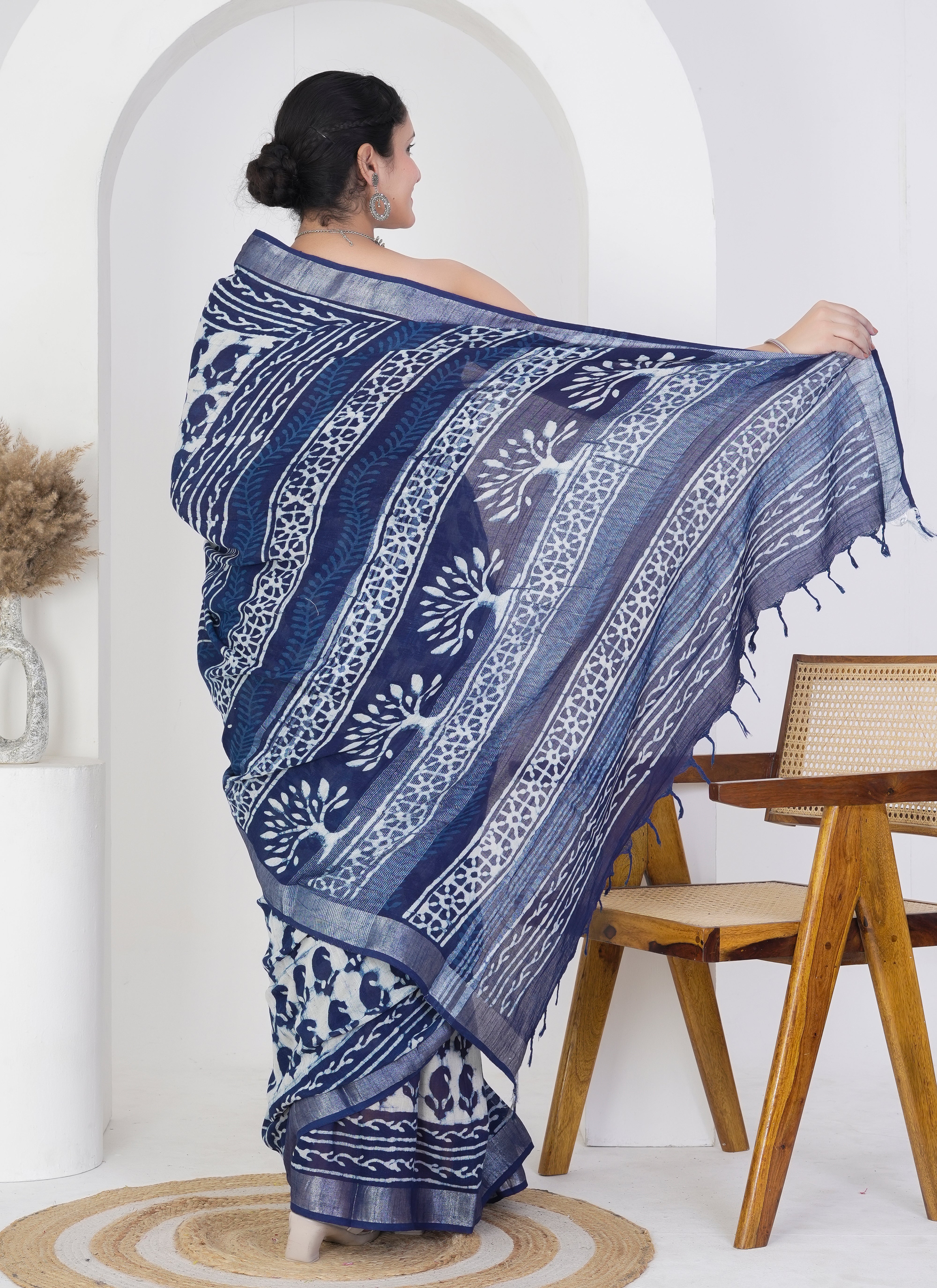 Ivory and Indigo Pure Linen Saree