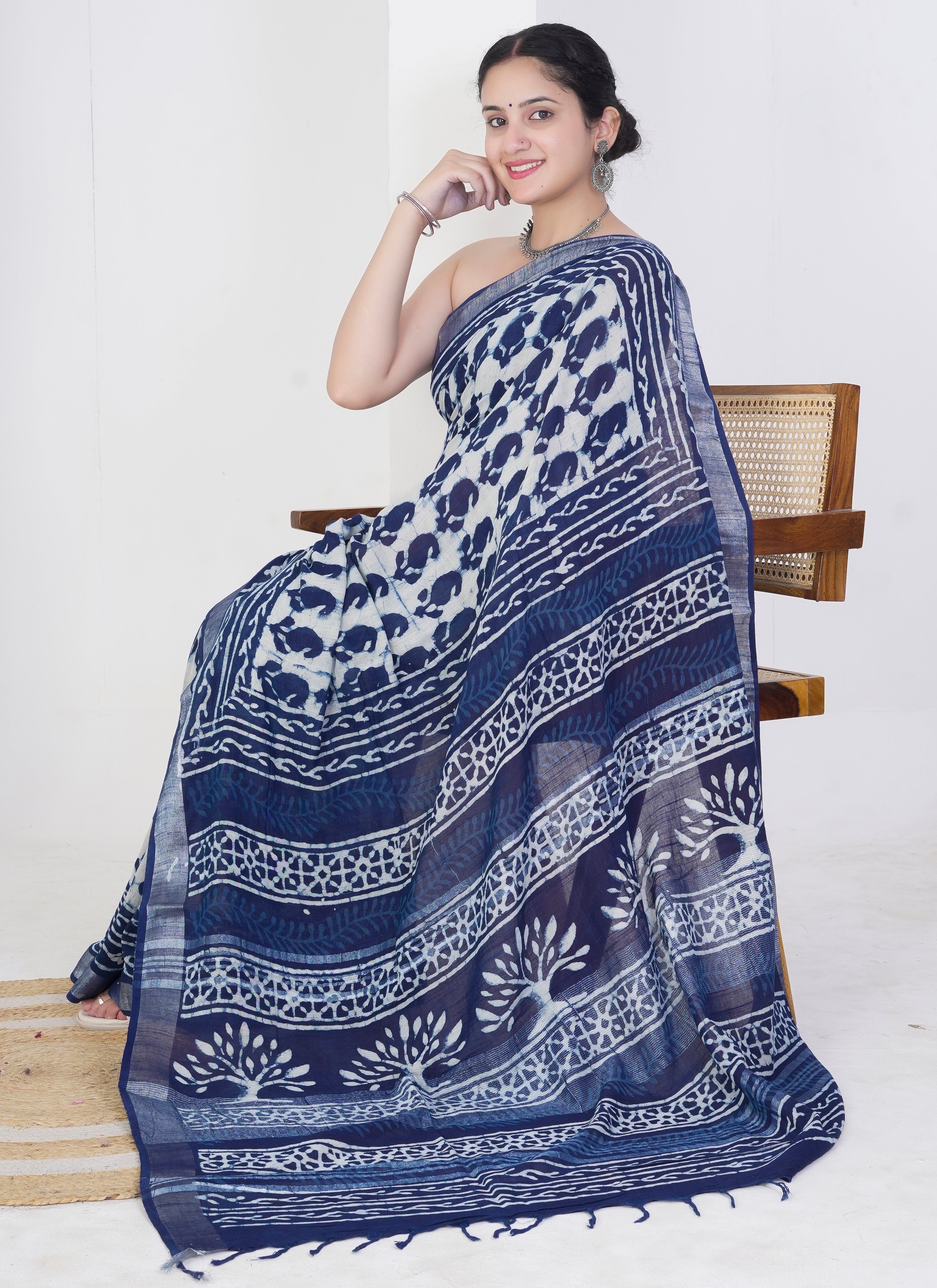 Ivory and Indigo Pure Linen Saree