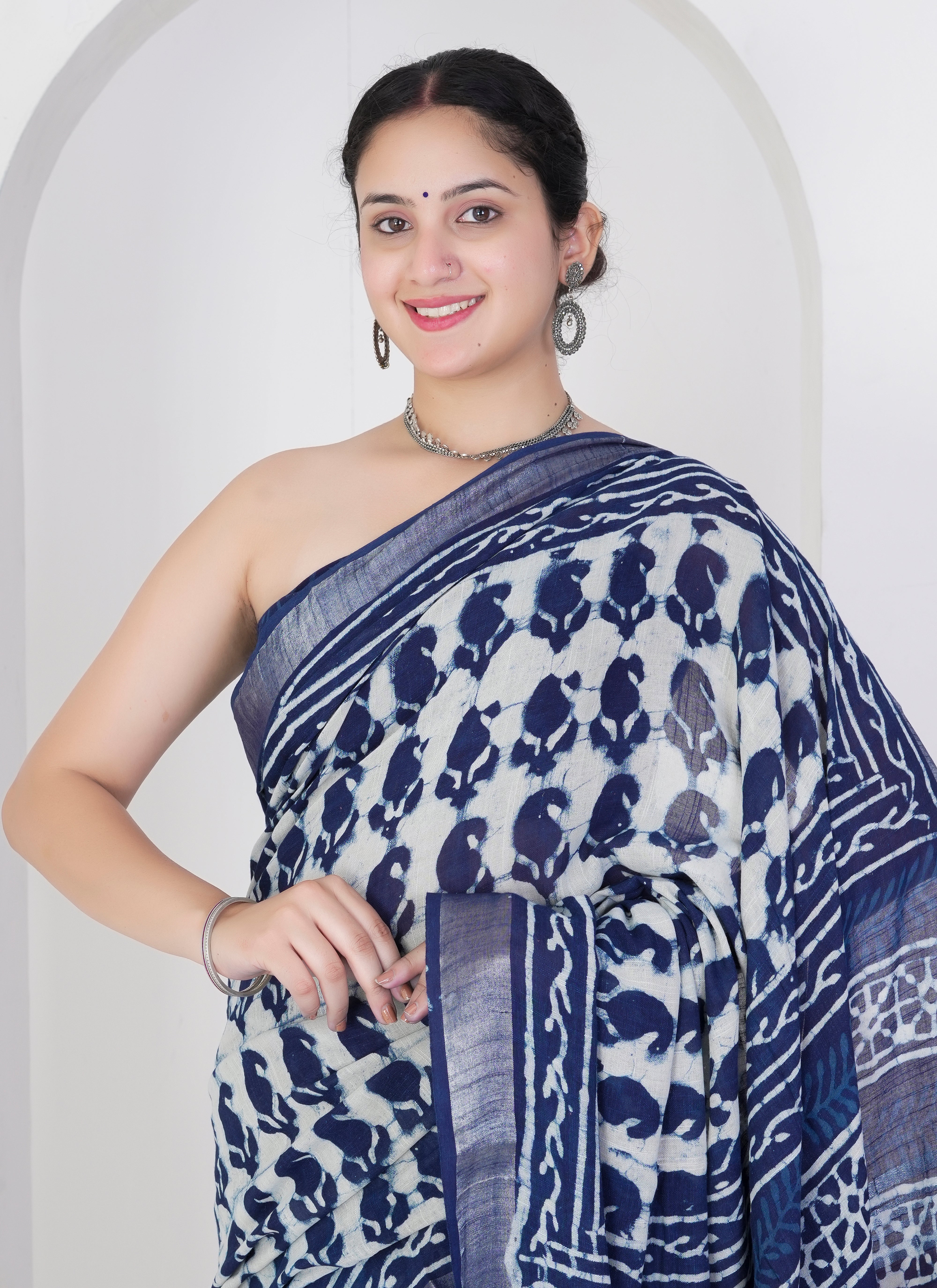 Ivory and Indigo Pure Linen Saree