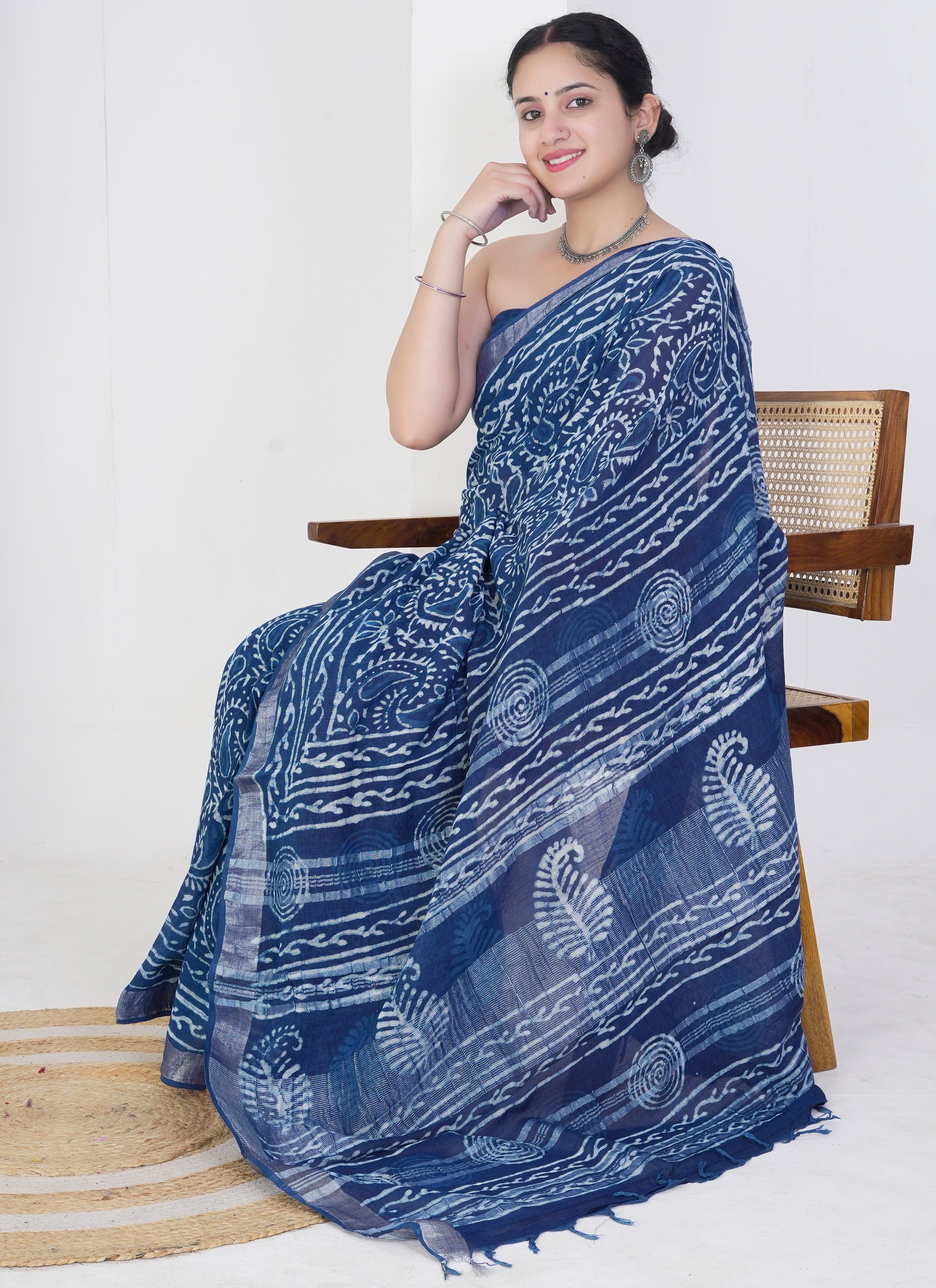 Indigo Blue Pure Linen Saree
