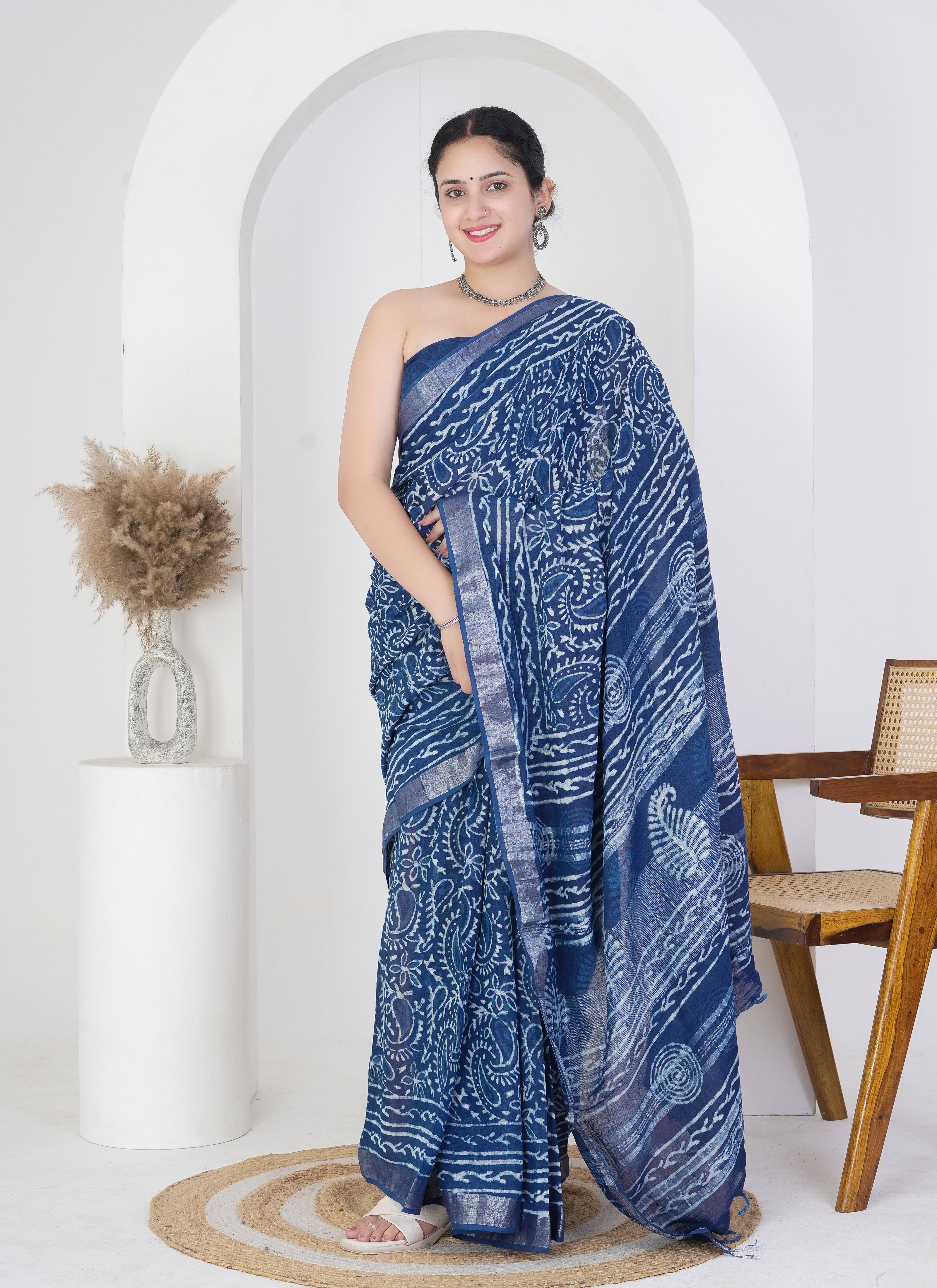 Indigo Blue Pure Linen Saree