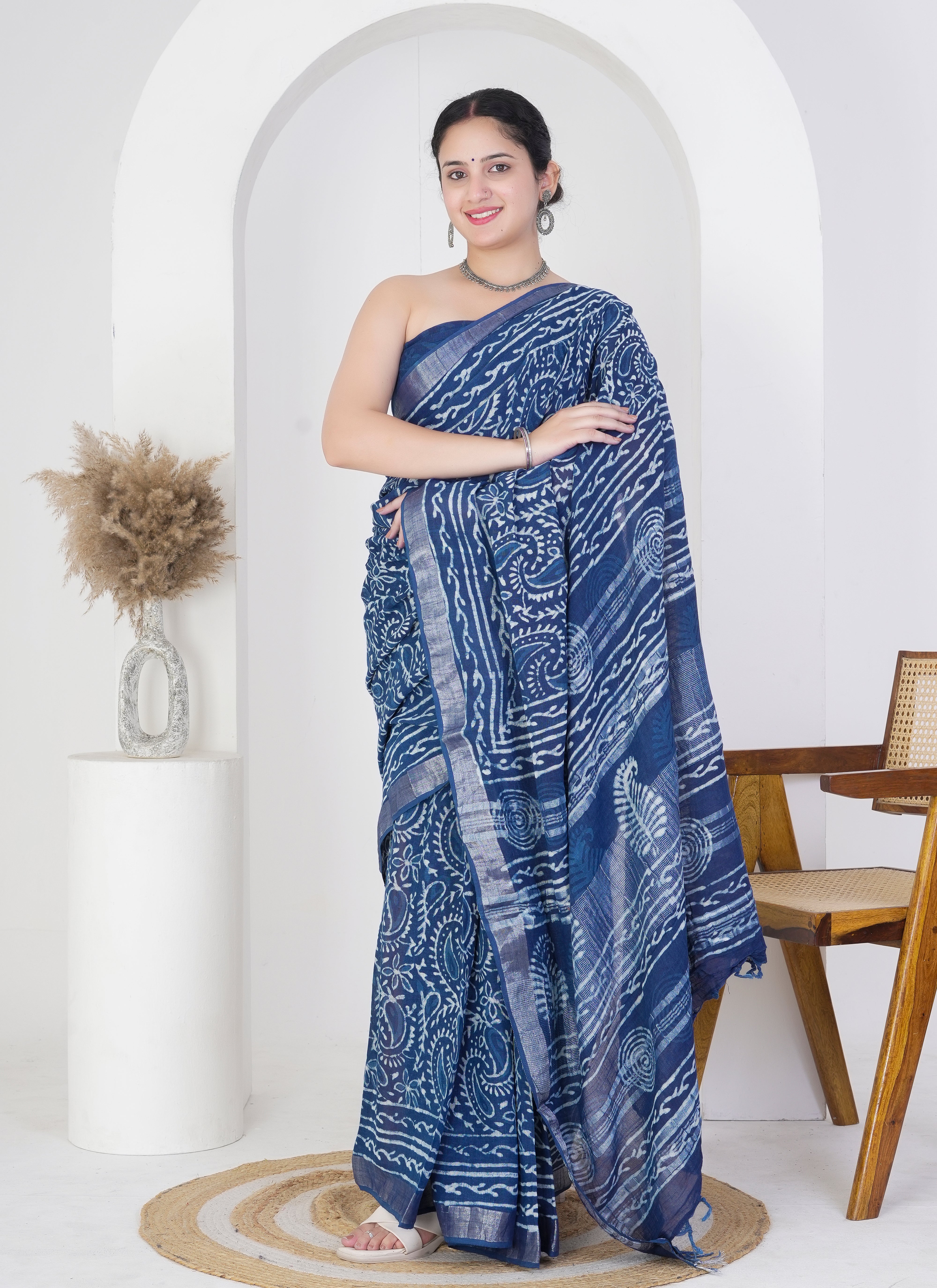 Indigo Blue Pure Linen Saree