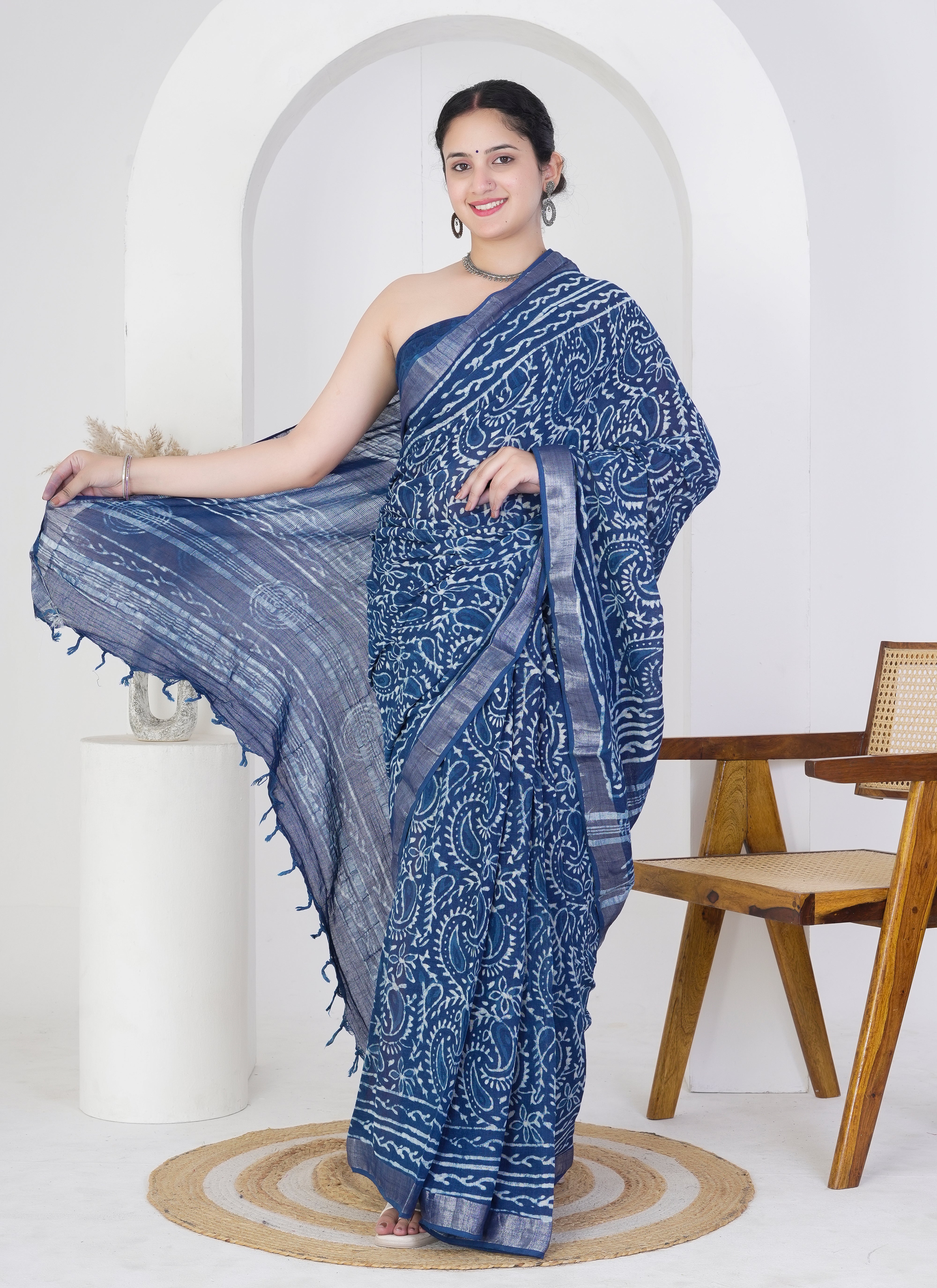 Indigo Blue Pure Linen Saree