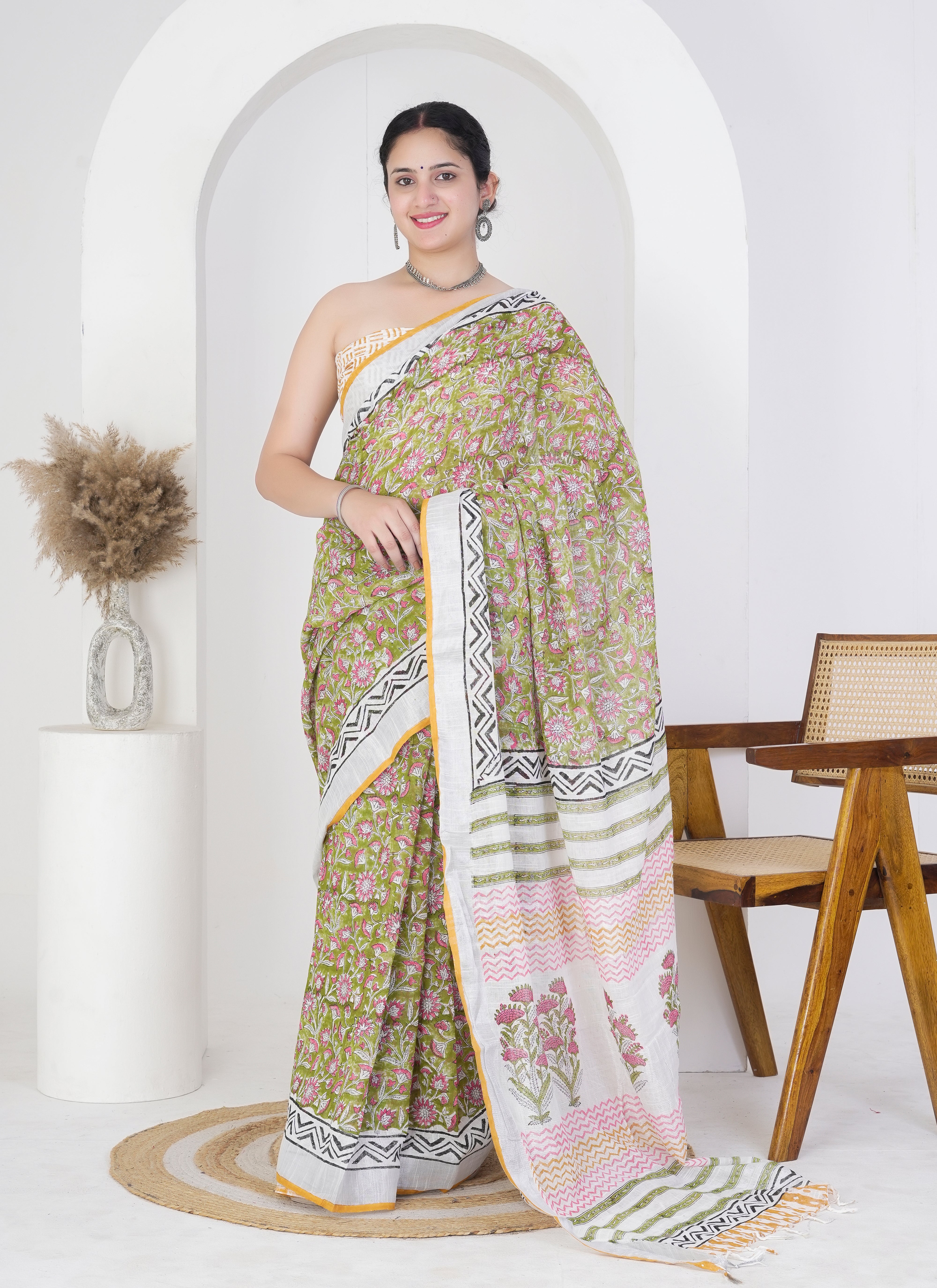 Olive Green and Ivory Pure Linen Saree