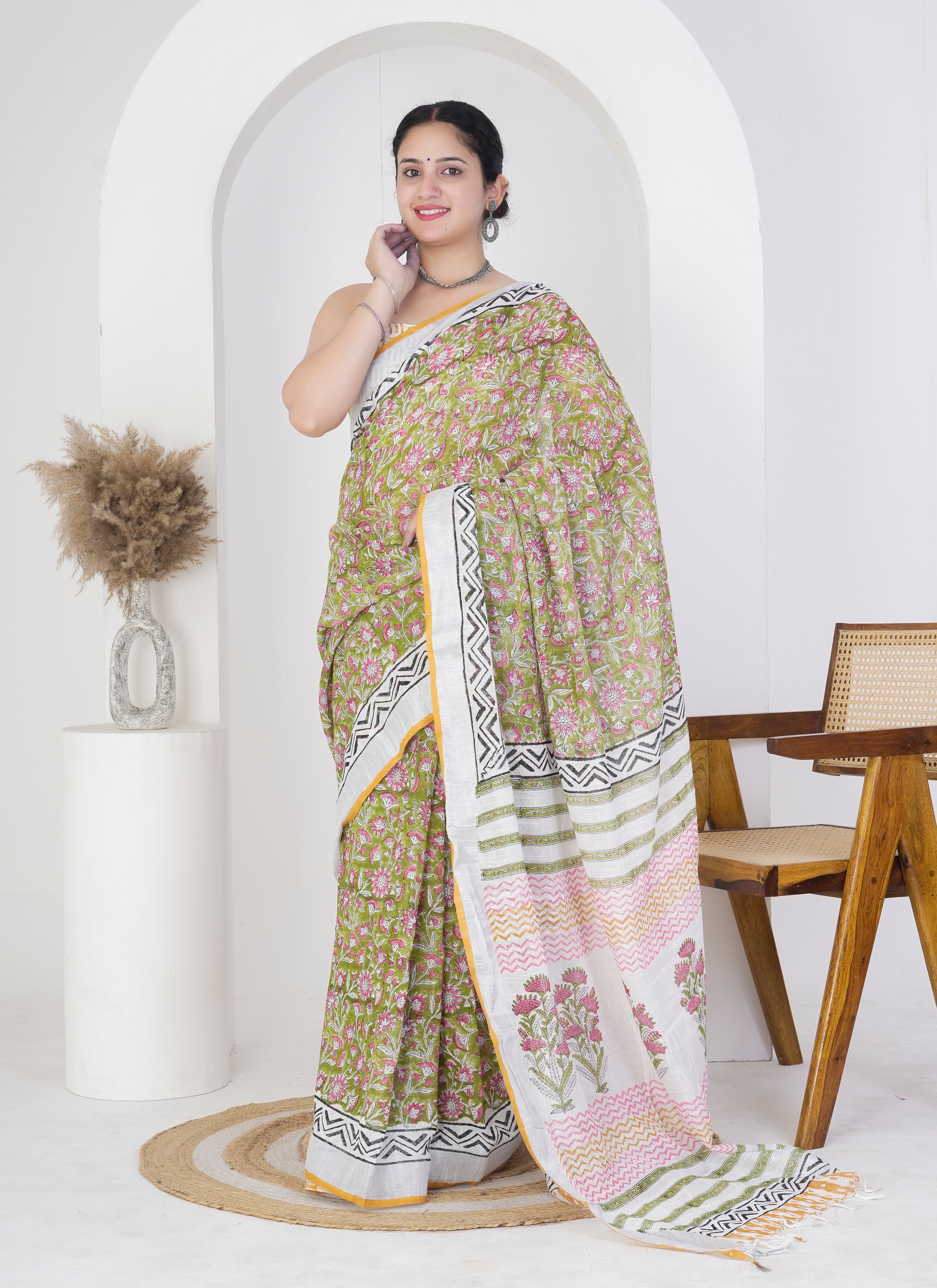 Olive Green and Ivory Pure Linen Saree