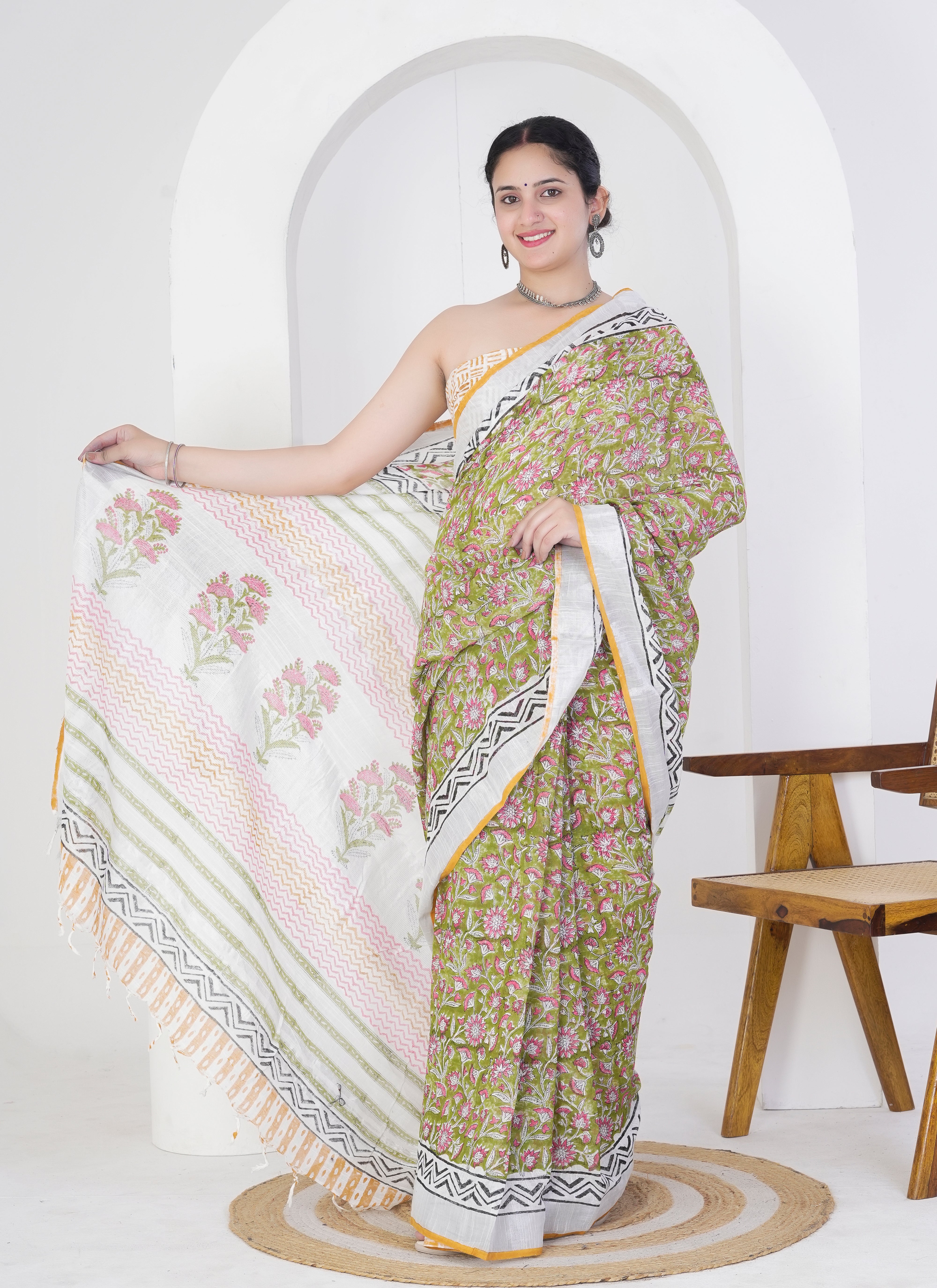 Olive Green and Ivory Pure Linen Saree