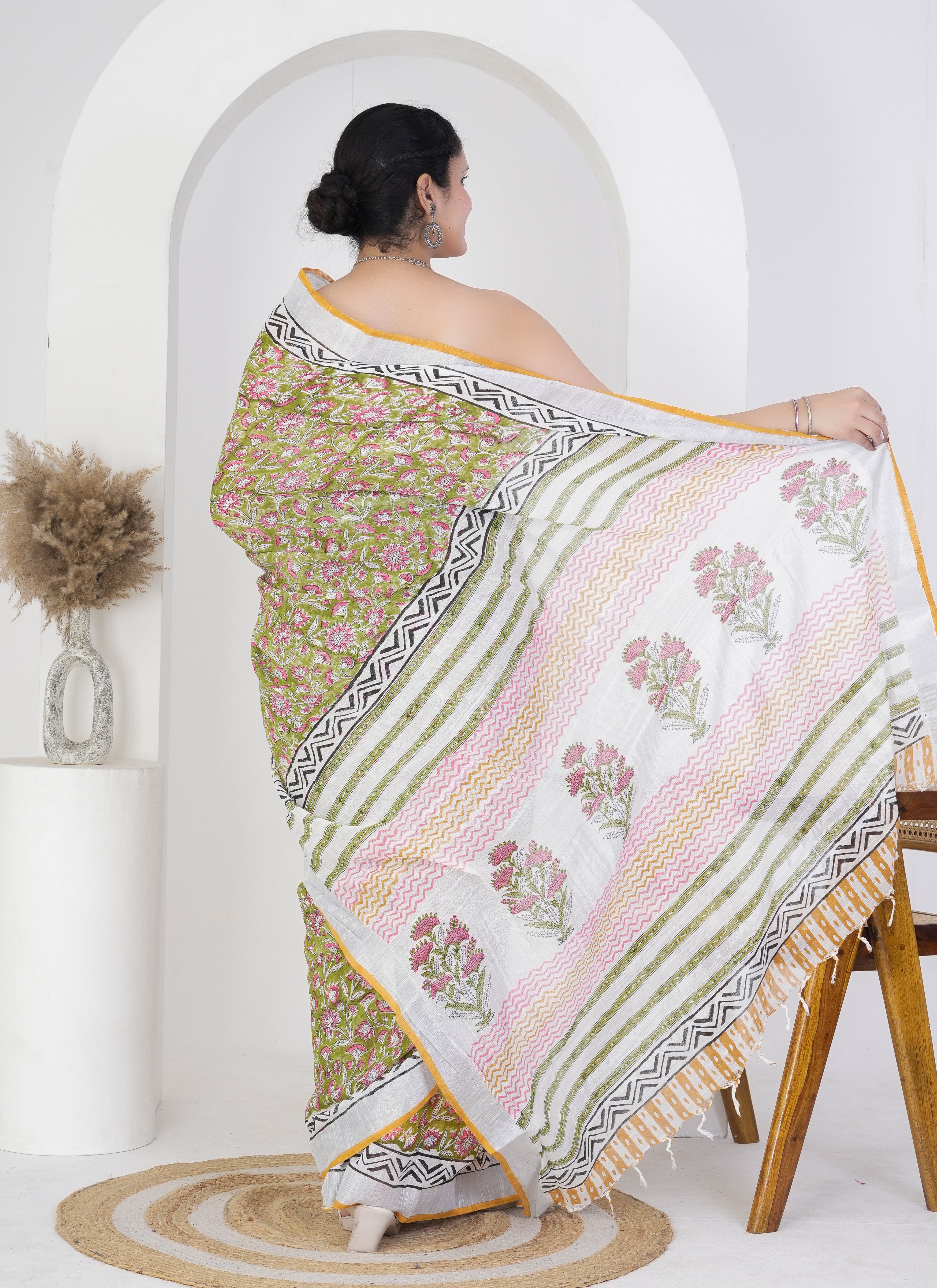 Olive Green and Ivory Pure Linen Saree