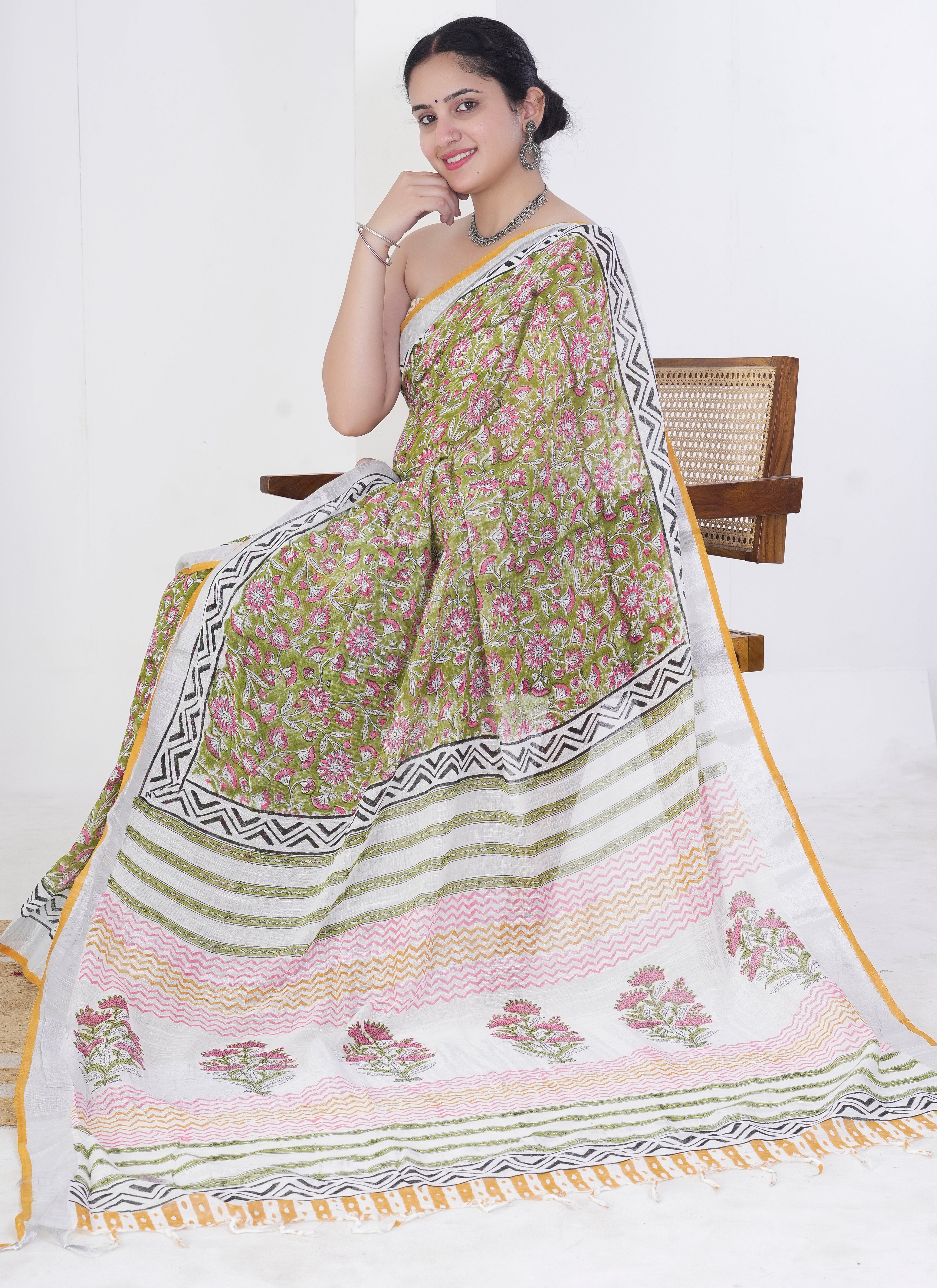 Olive Green and Ivory Pure Linen Saree
