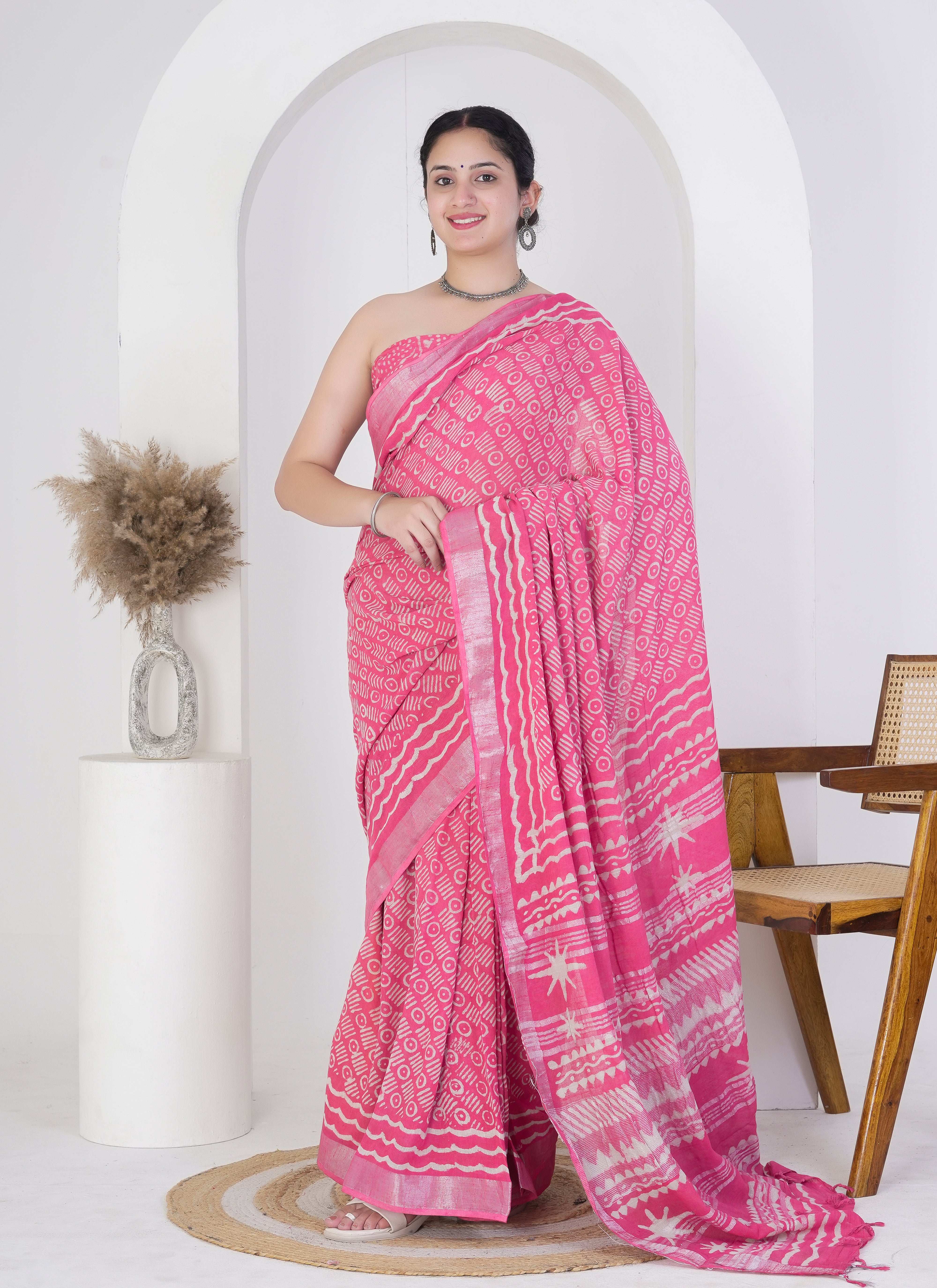 Hot Pink Pure Linen Saree