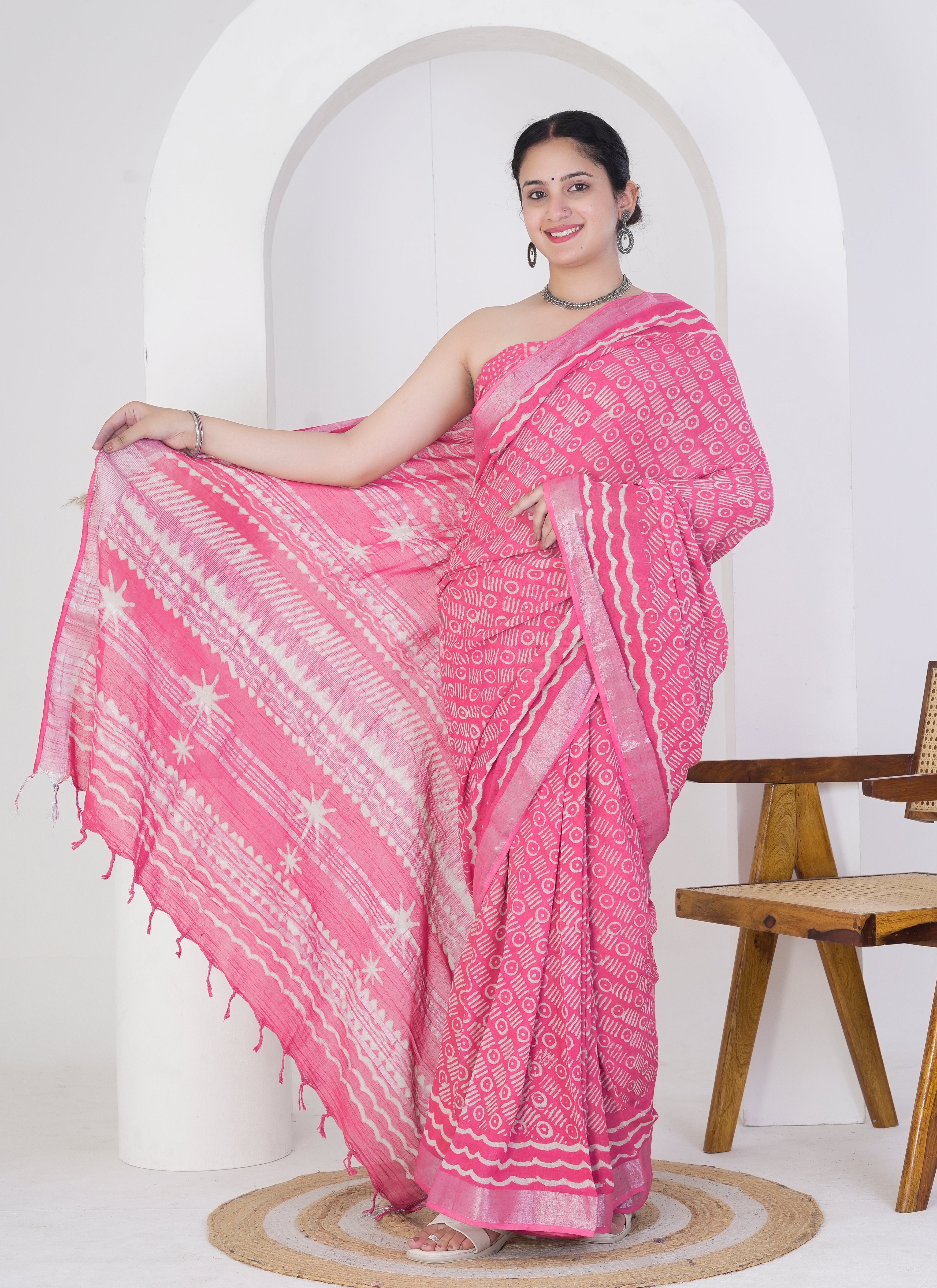 Hot Pink Pure Linen Saree